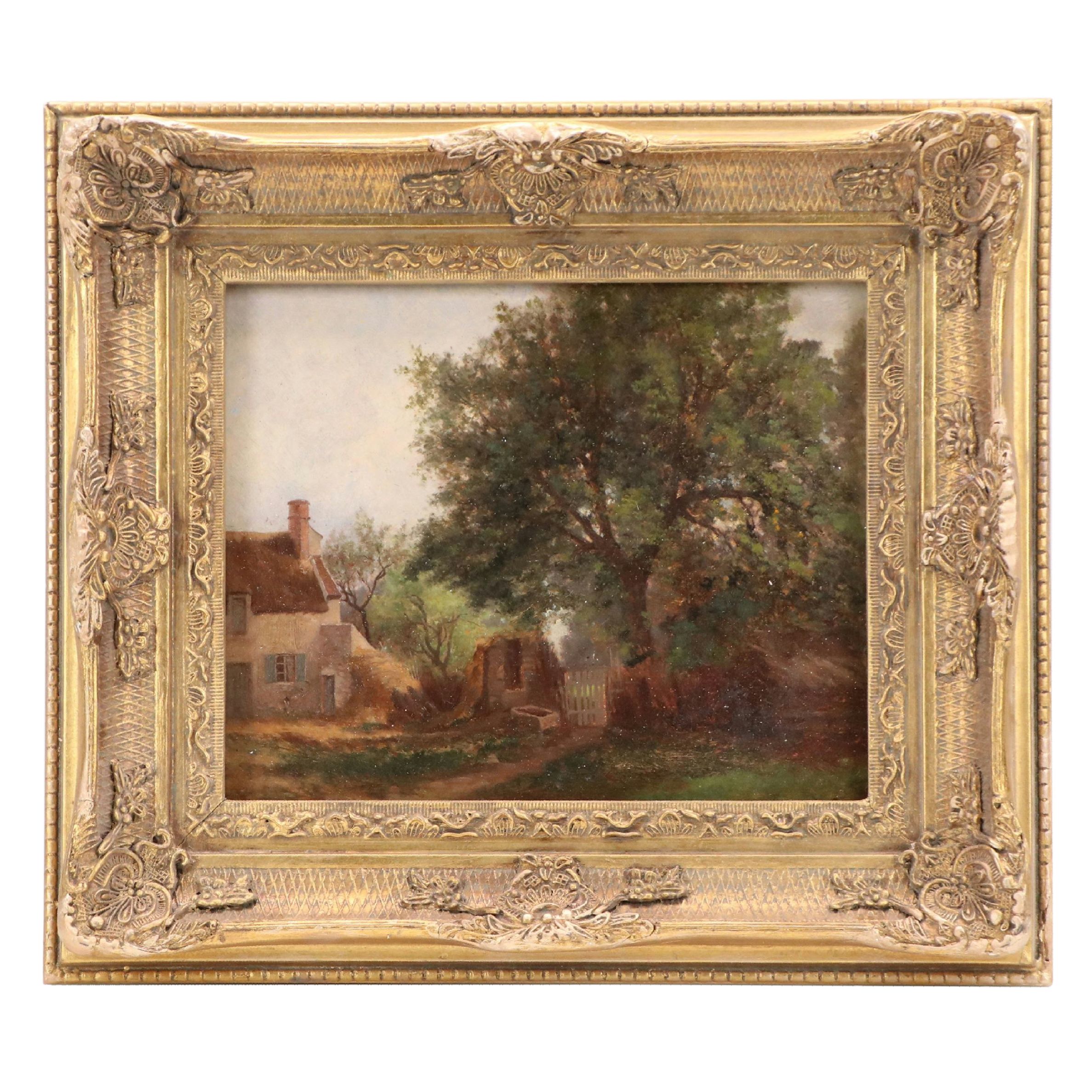 Oil Painting of Rustic Yard with Tree, Mid-20th Century