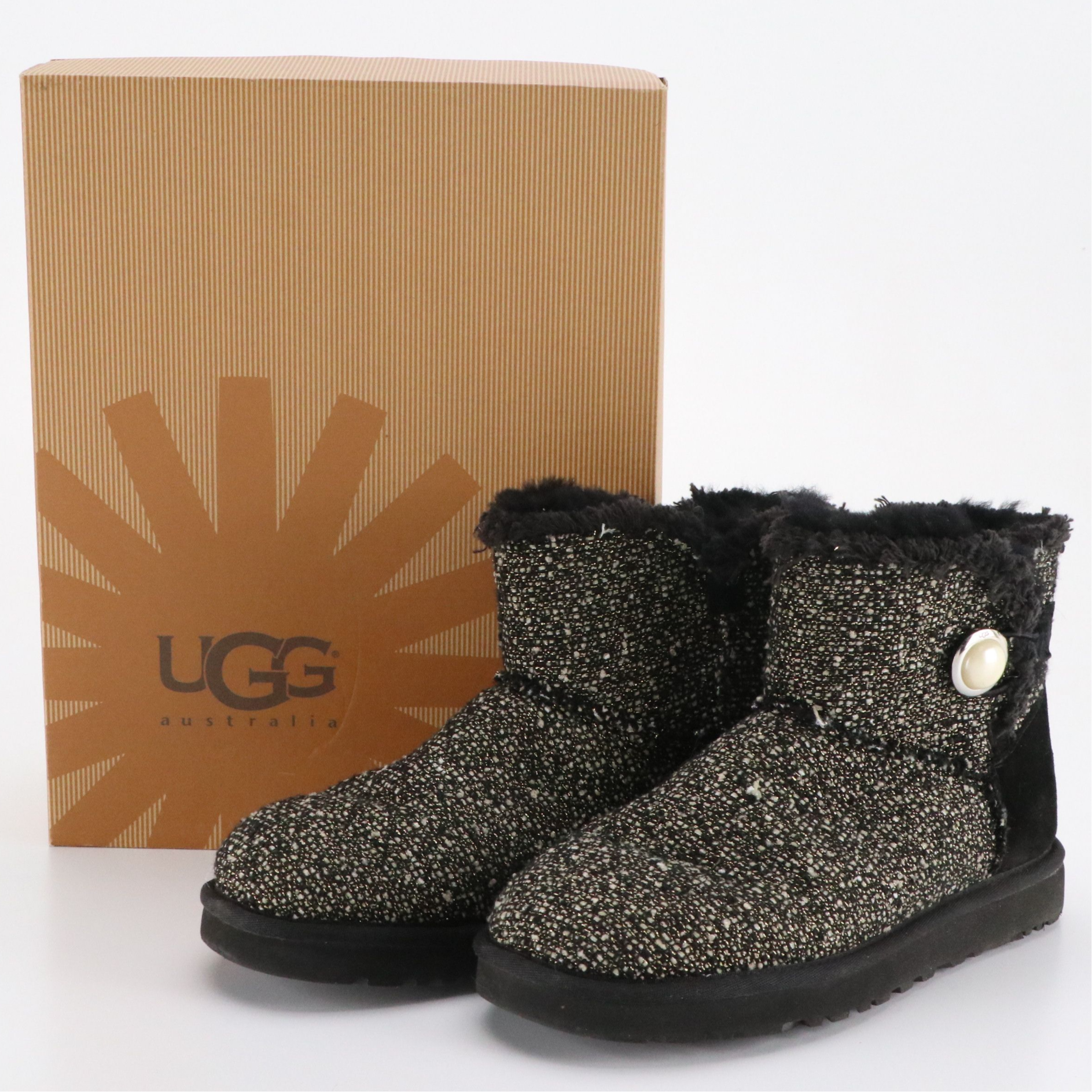 UGG Mini Bailey Button Fancy Boots in Metallic Tweed, With Box