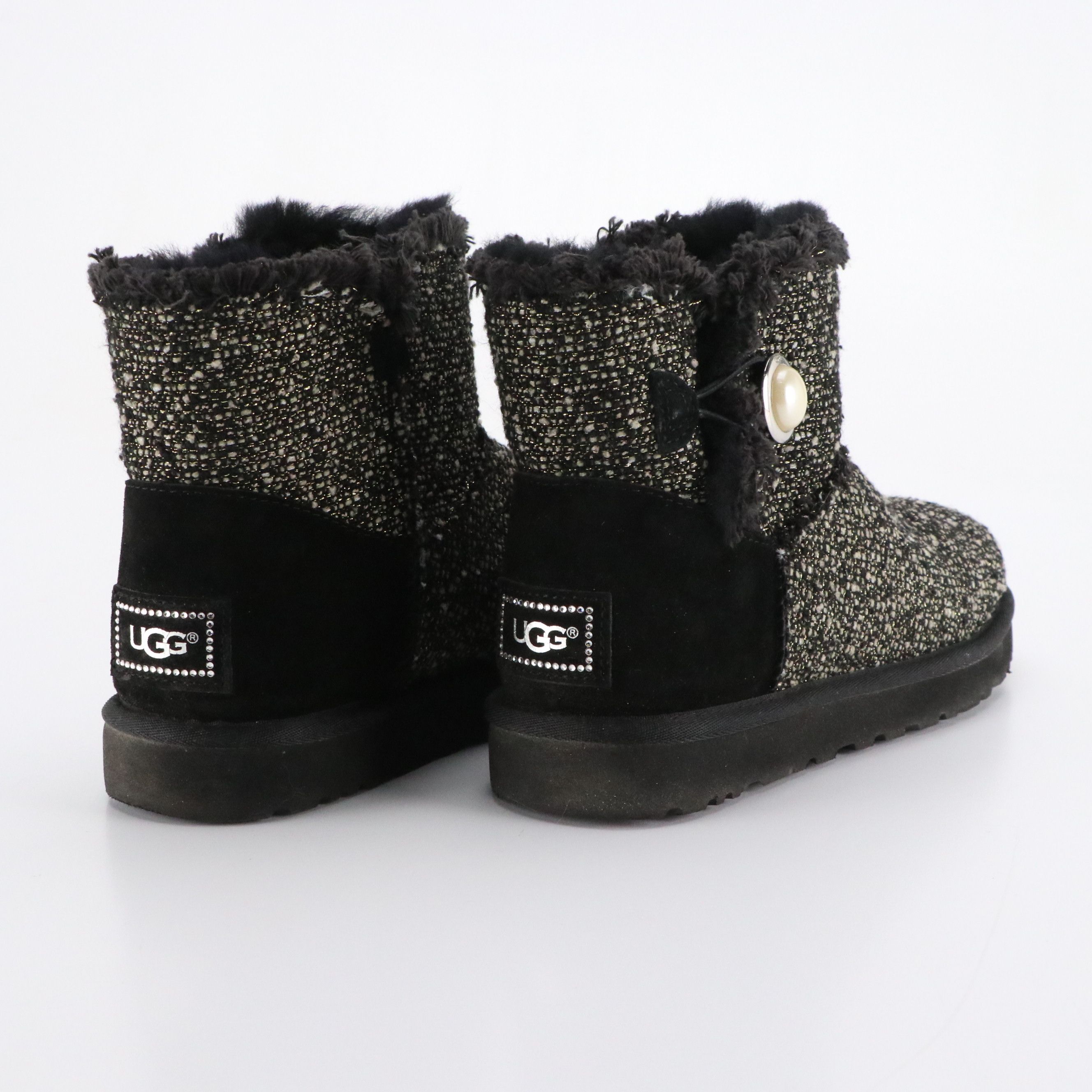 UGG Mini Bailey Button Fancy Boots in Metallic Tweed, With Box