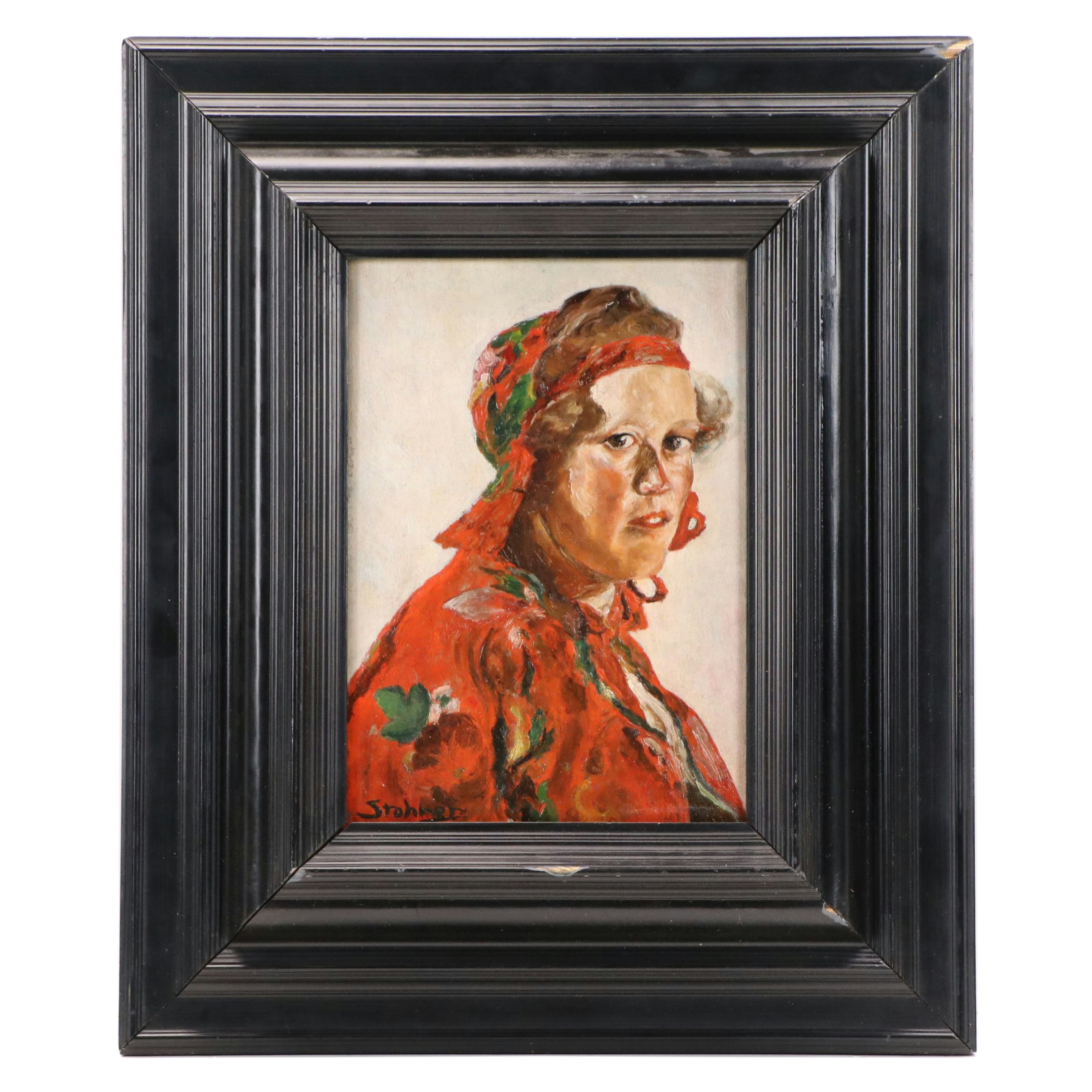 Oil Portrait of Woman in Red, 20th Century