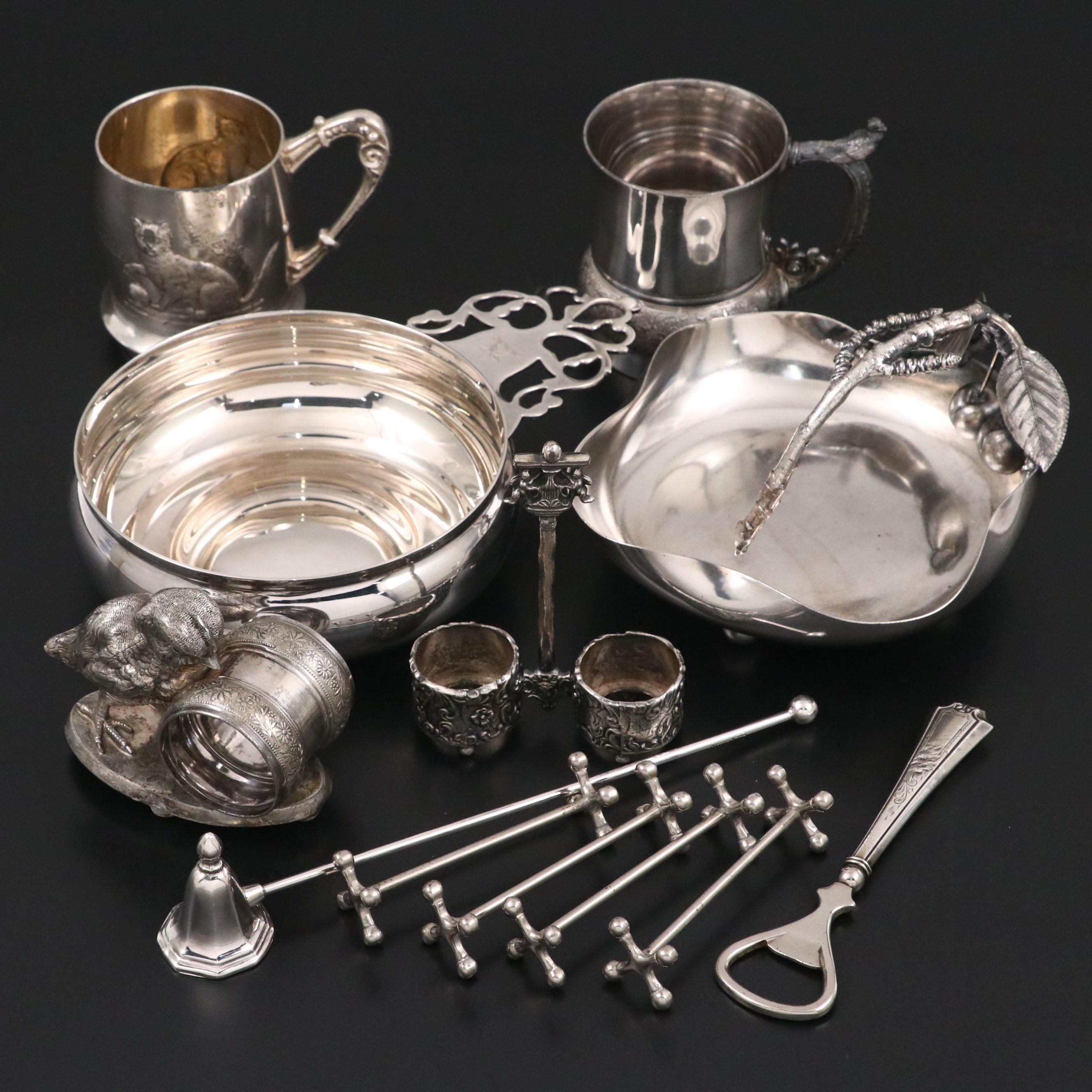 Webster Sterling Handle Bottle Opener with Chick Napkin Ring and Other Tableware