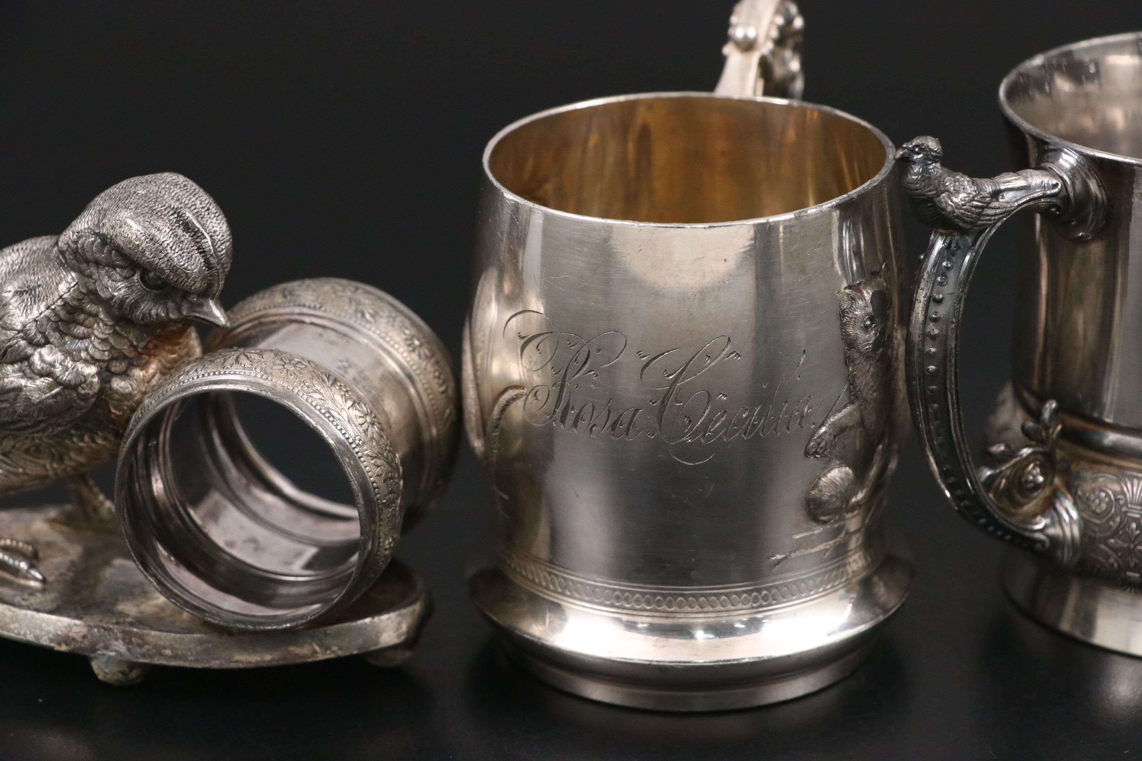 Webster Sterling Handle Bottle Opener with Chick Napkin Ring and Other Tableware