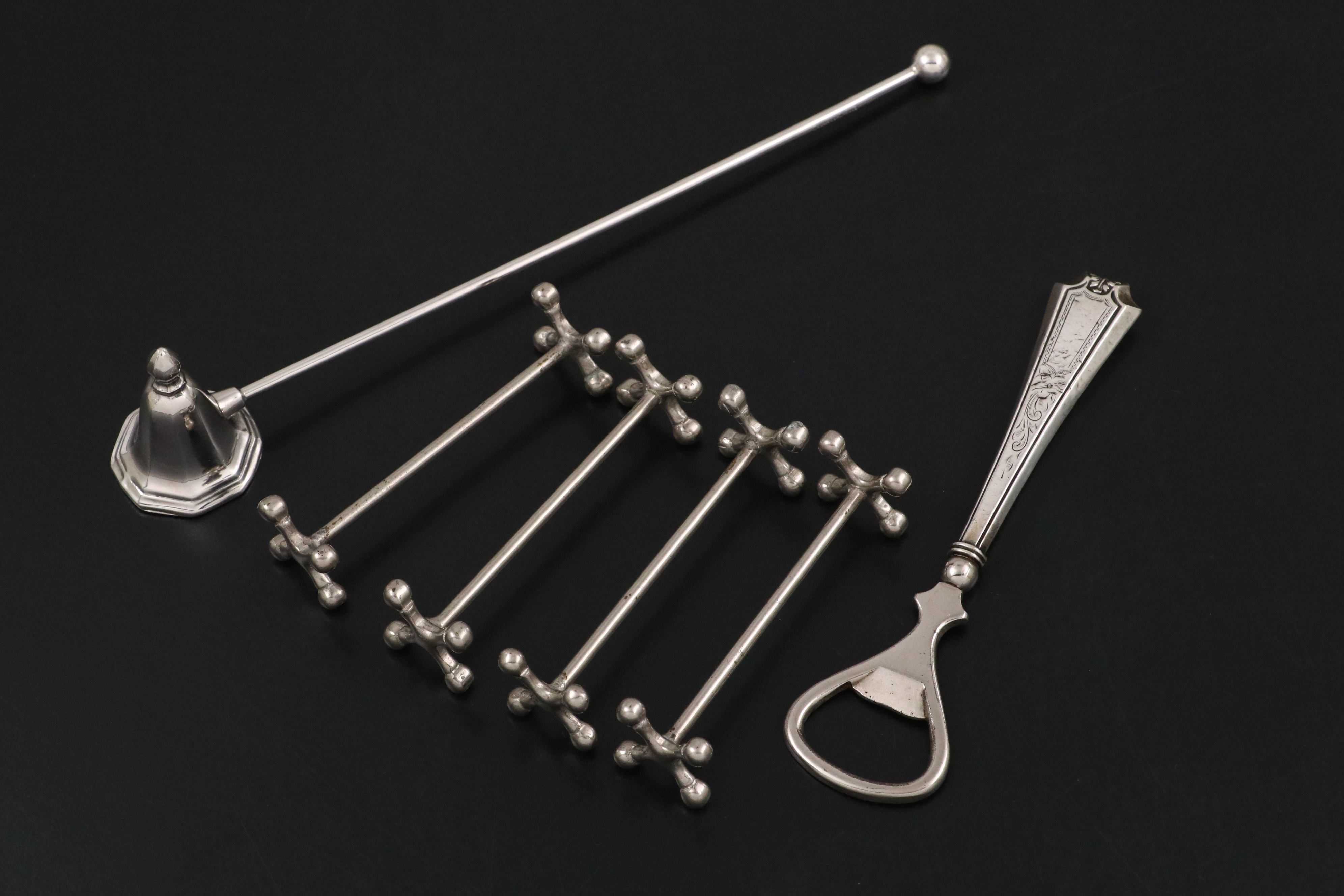 Webster Sterling Handle Bottle Opener with Chick Napkin Ring and Other Tableware