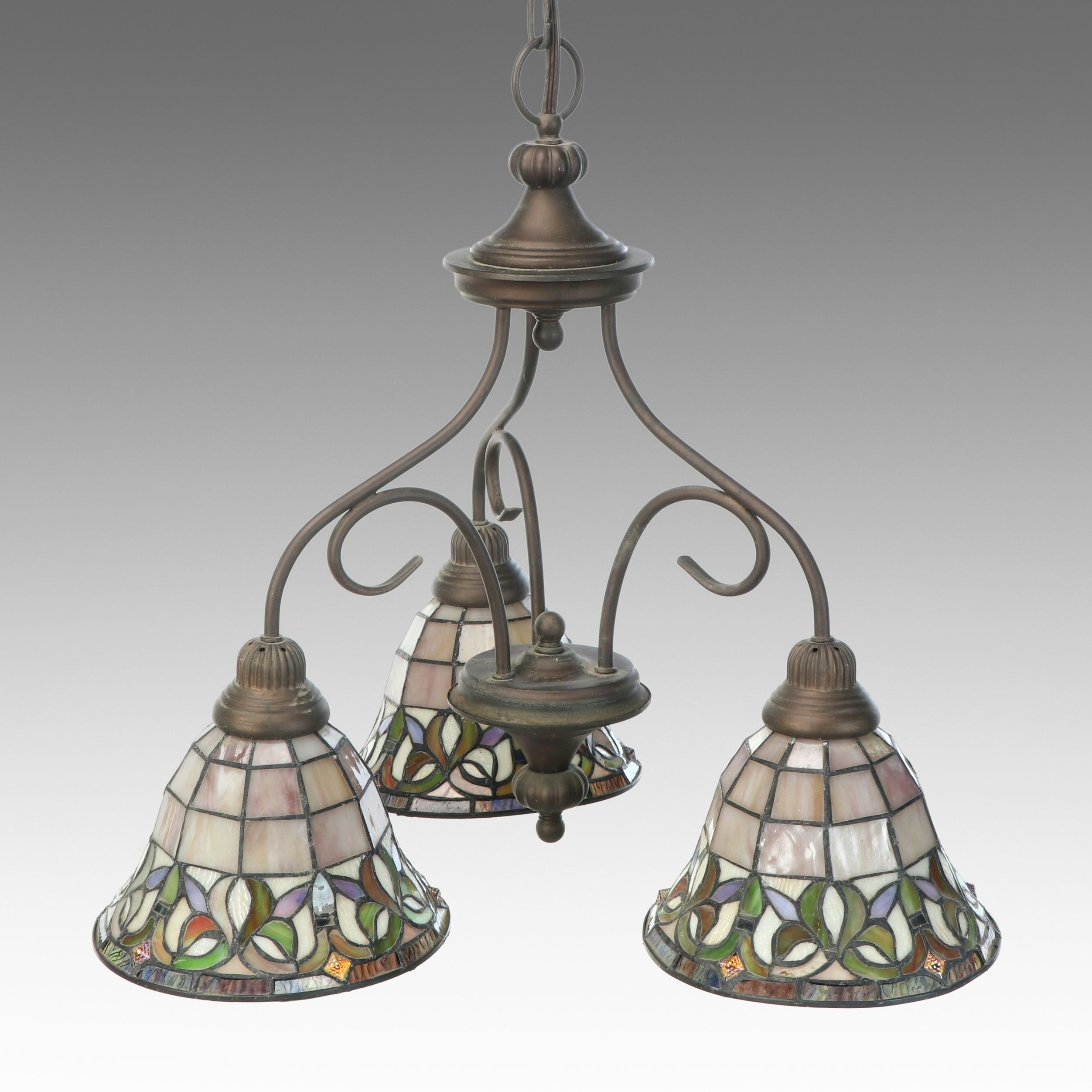 Art Nouveau Style Three Arm Slag Glass Pendant Light