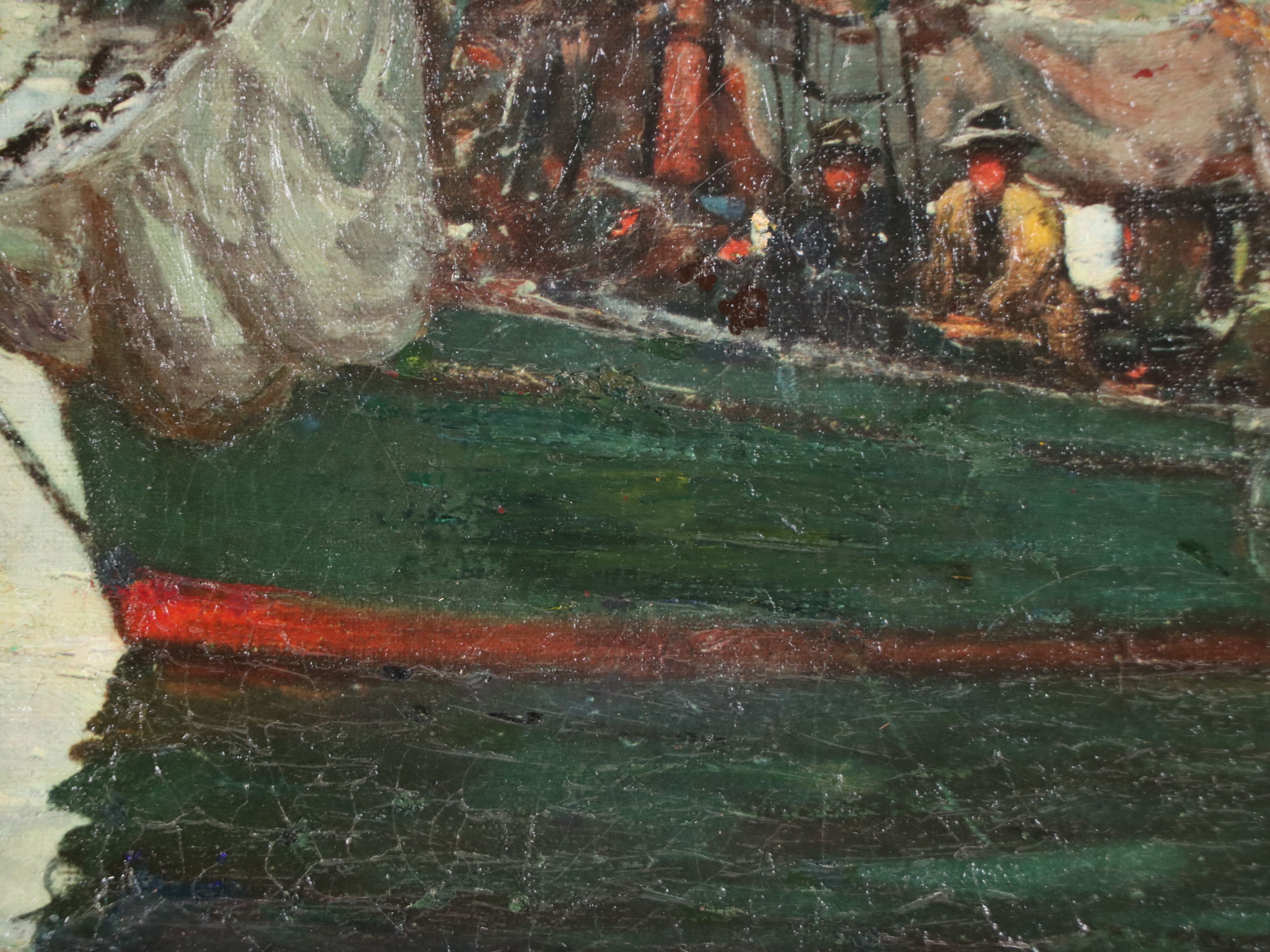 Oil Embellished Print of Crowded Boat, Late 20th Century