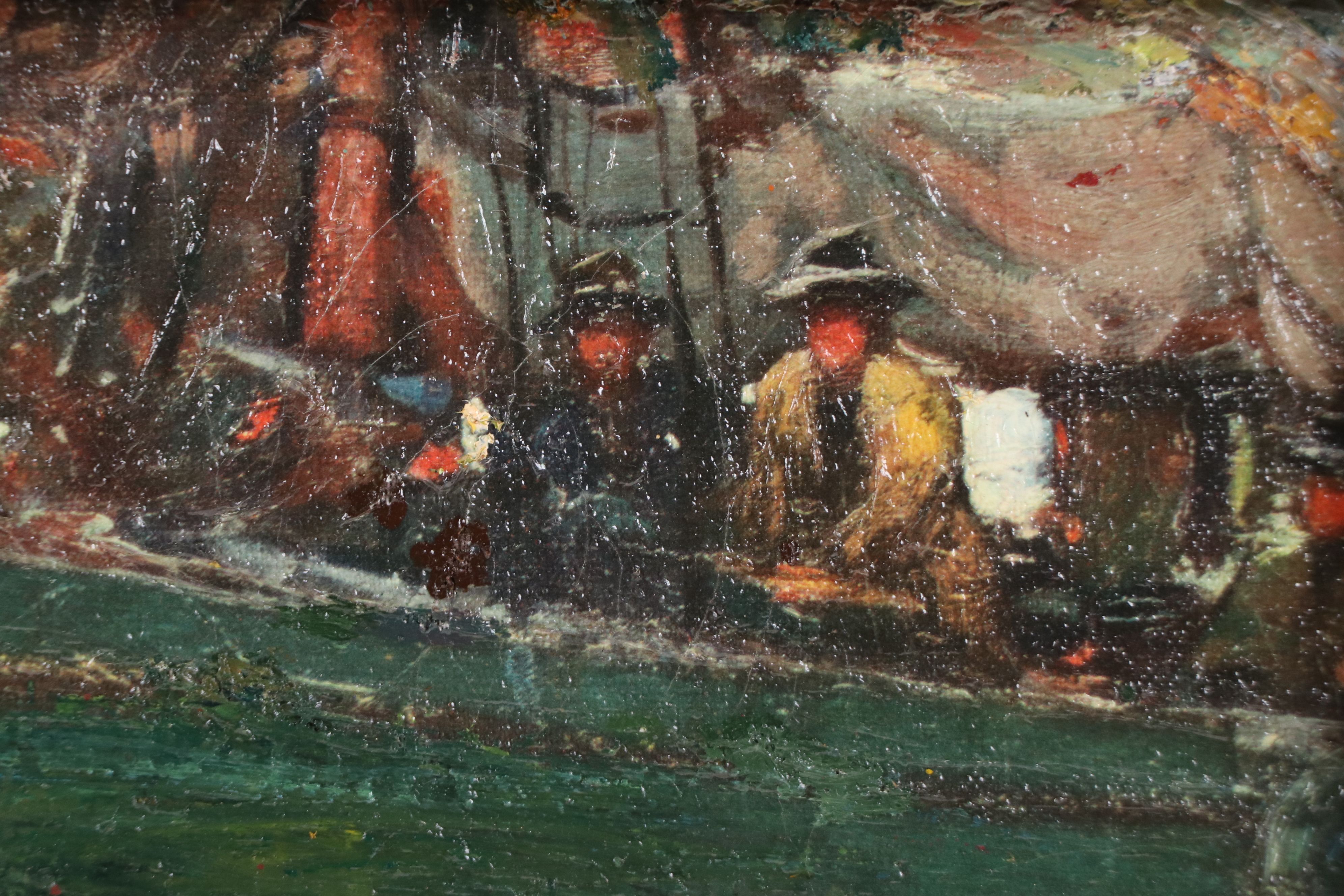 Oil Embellished Print of Crowded Boat, Late 20th Century