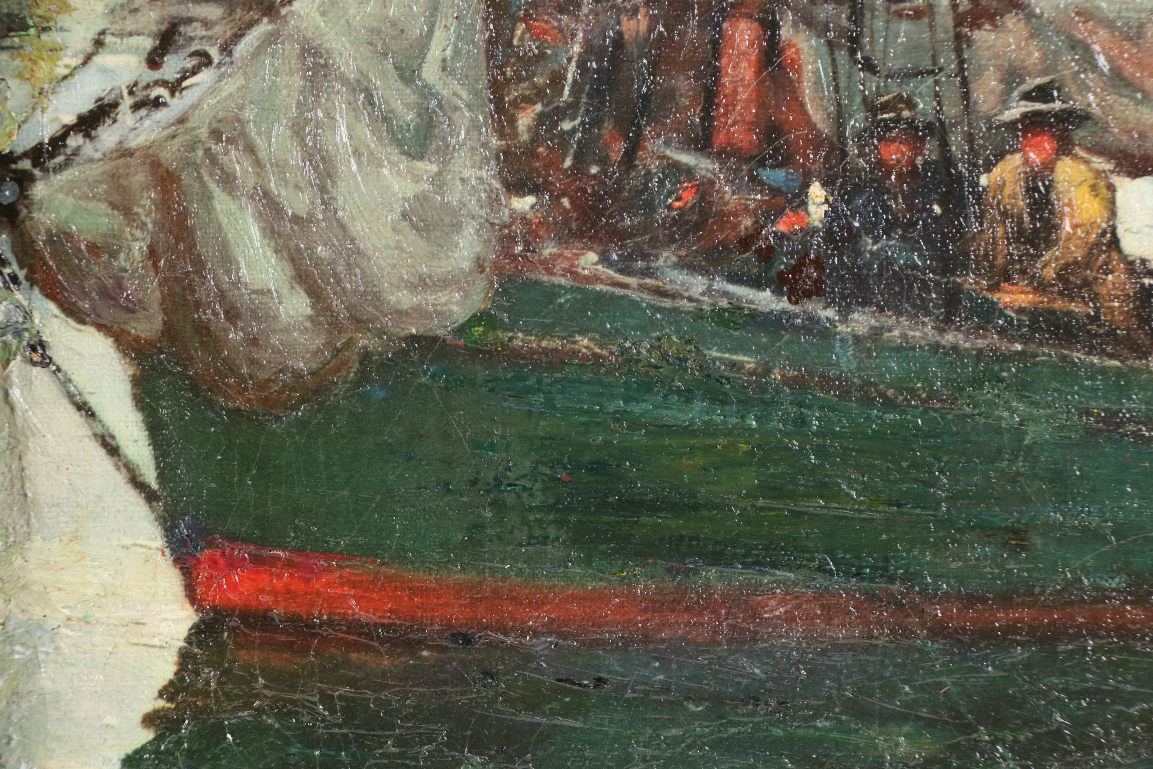 Oil Embellished Print of Crowded Boat, Late 20th Century