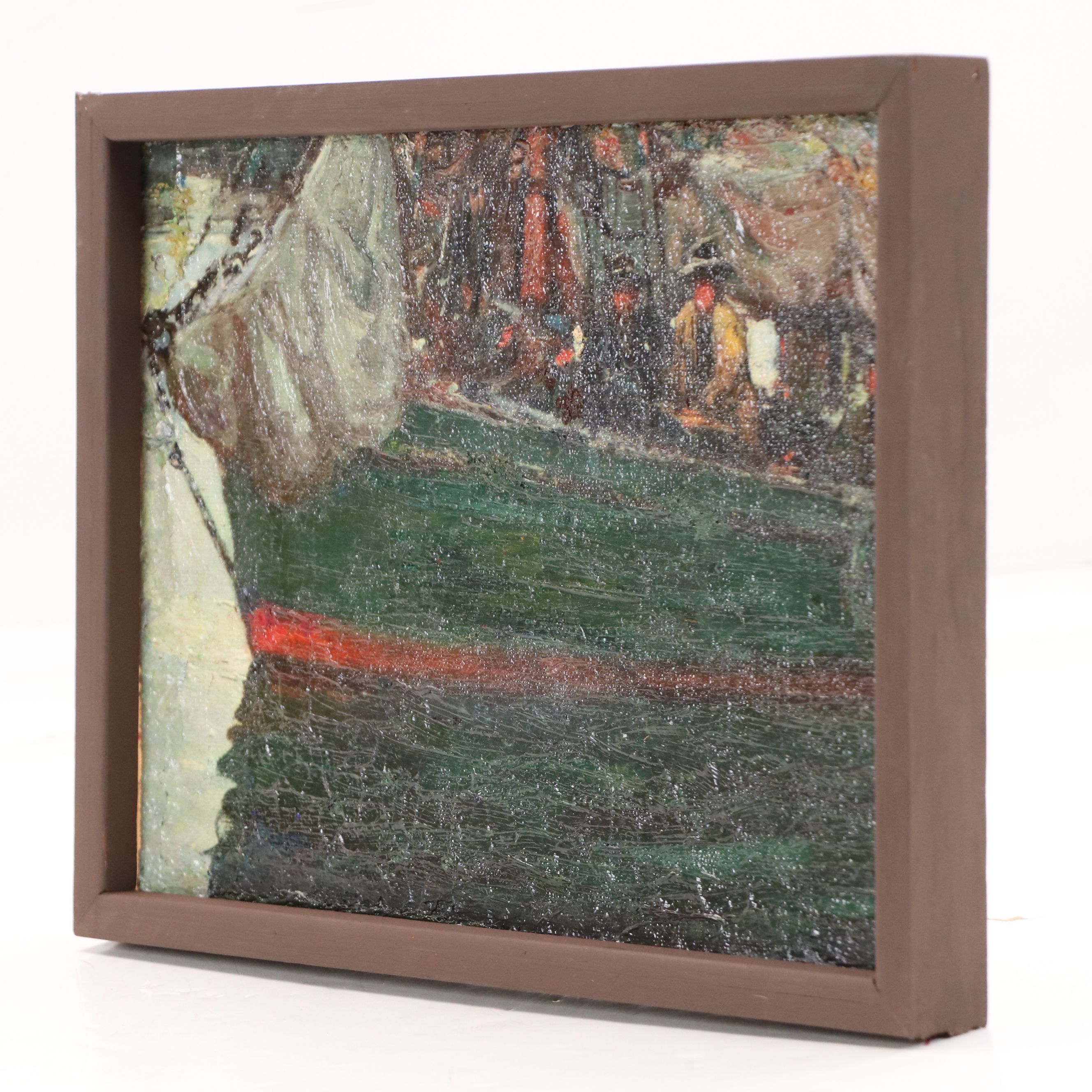 Oil Embellished Print of Crowded Boat, Late 20th Century