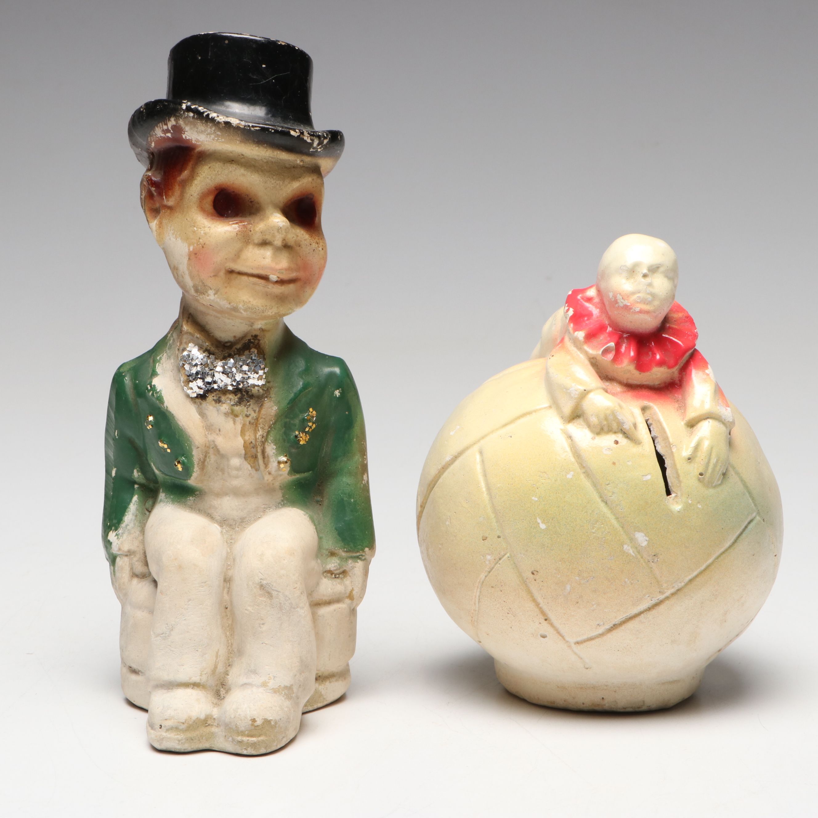Charlie McCarthy Chalkware Carnival Figure with Bank and Eagle Shakers