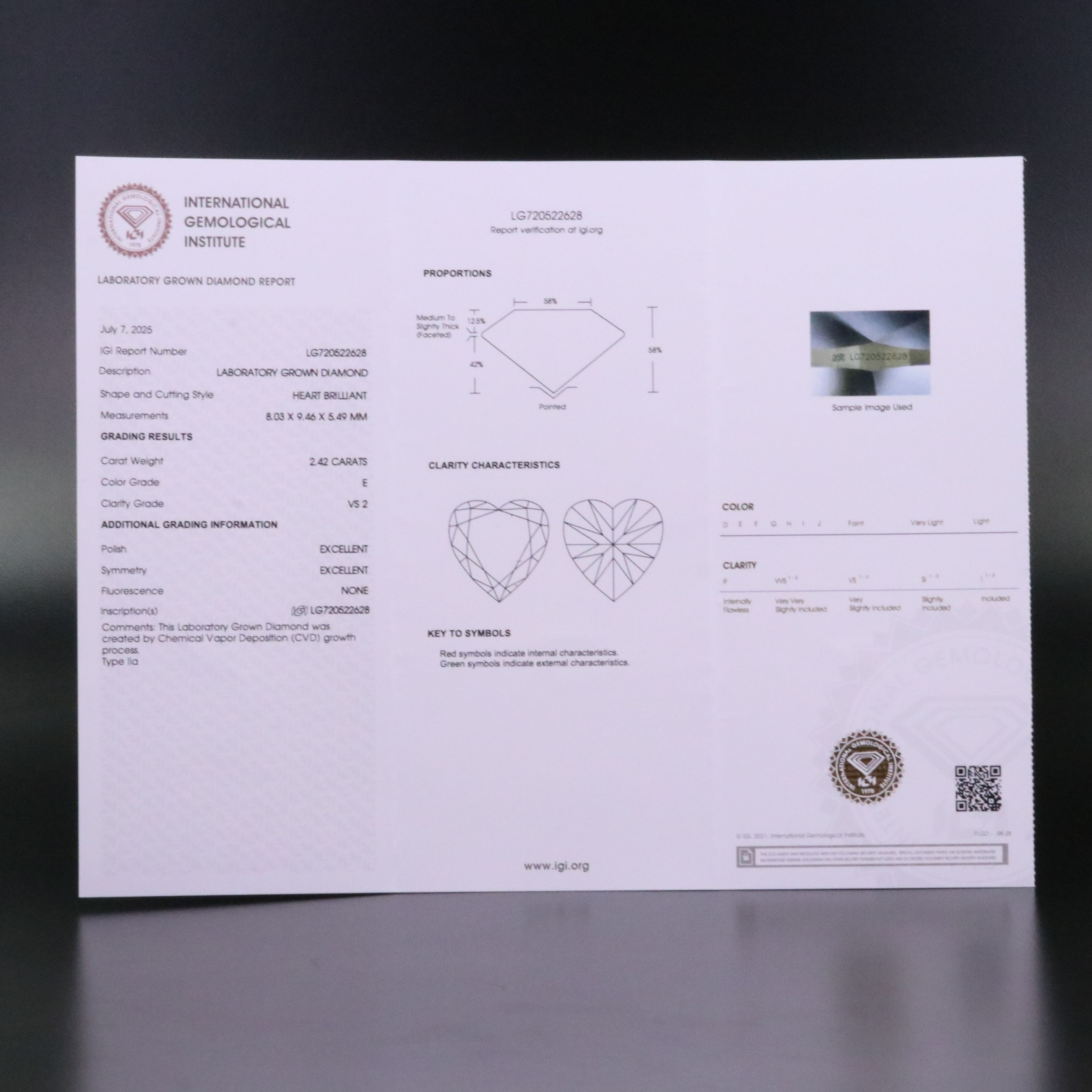 Loose 2.42 CT Lab Grown Diamond with IGI Report