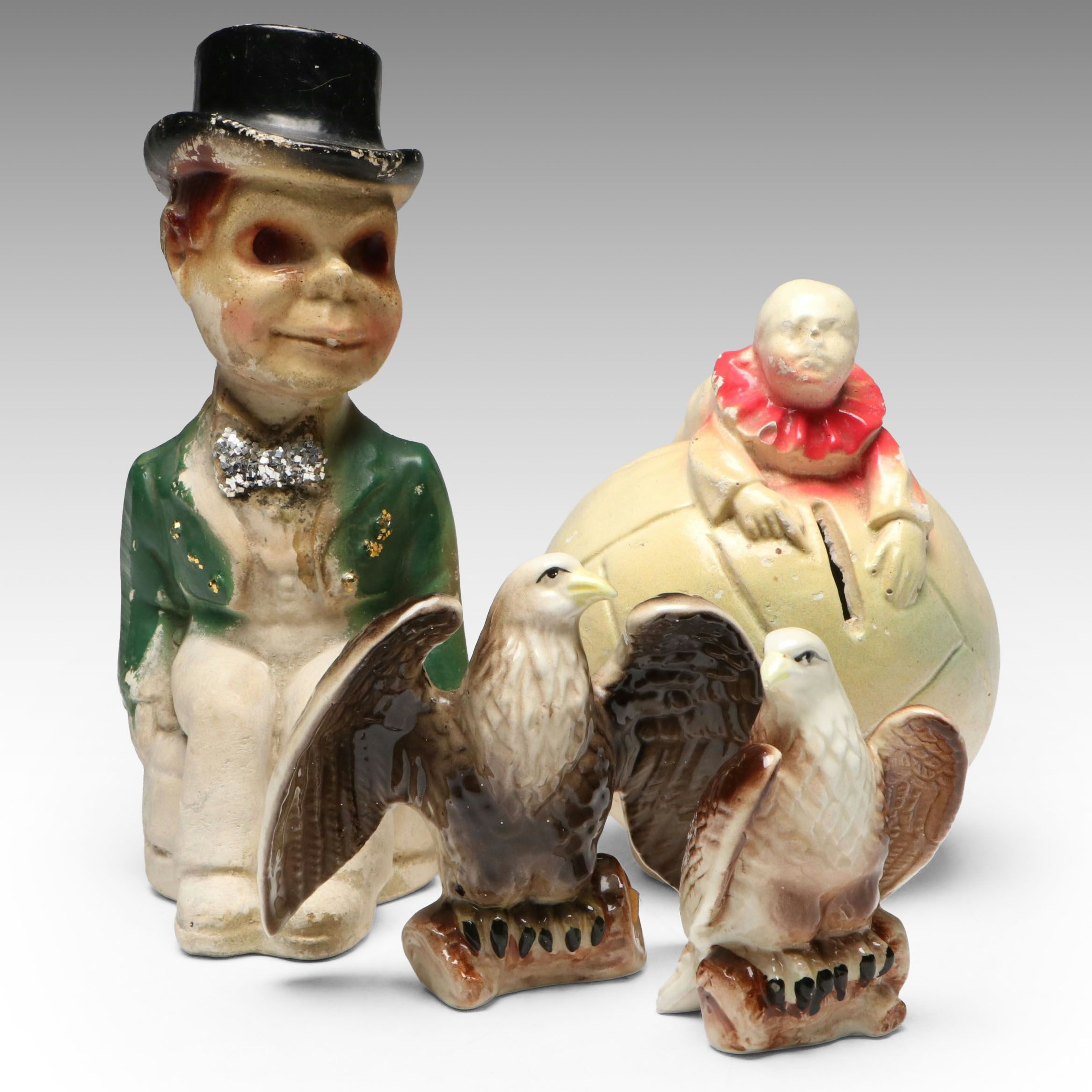 Charlie McCarthy Chalkware Carnival Figure with Bank and Eagle Shakers