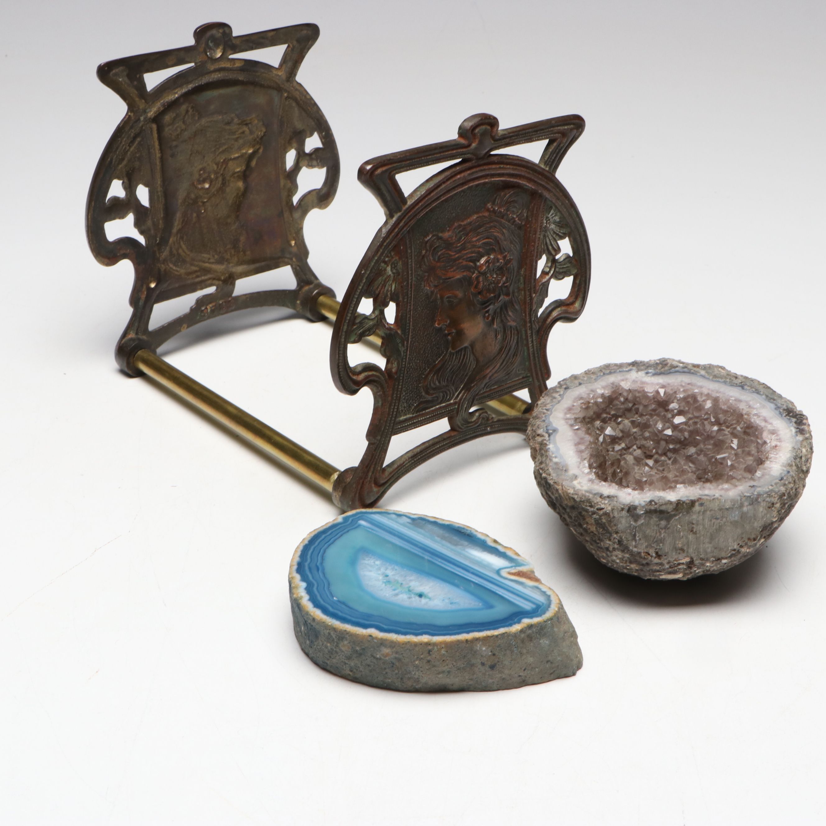 Judd Co Art Nouveau Brass Book Rack with Antique Books and Mineral Specimens