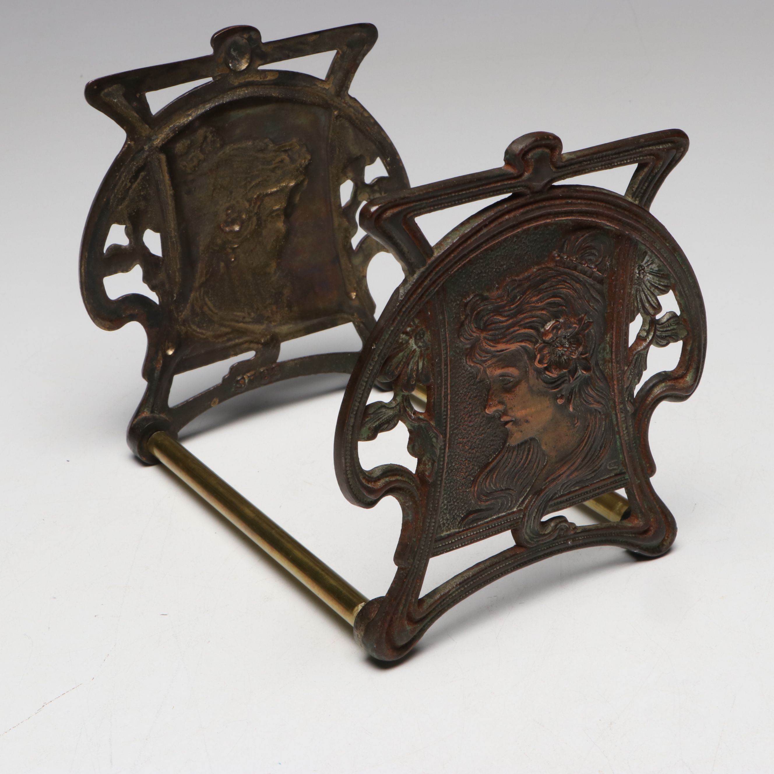 Judd Co Art Nouveau Brass Book Rack with Antique Books and Mineral Specimens