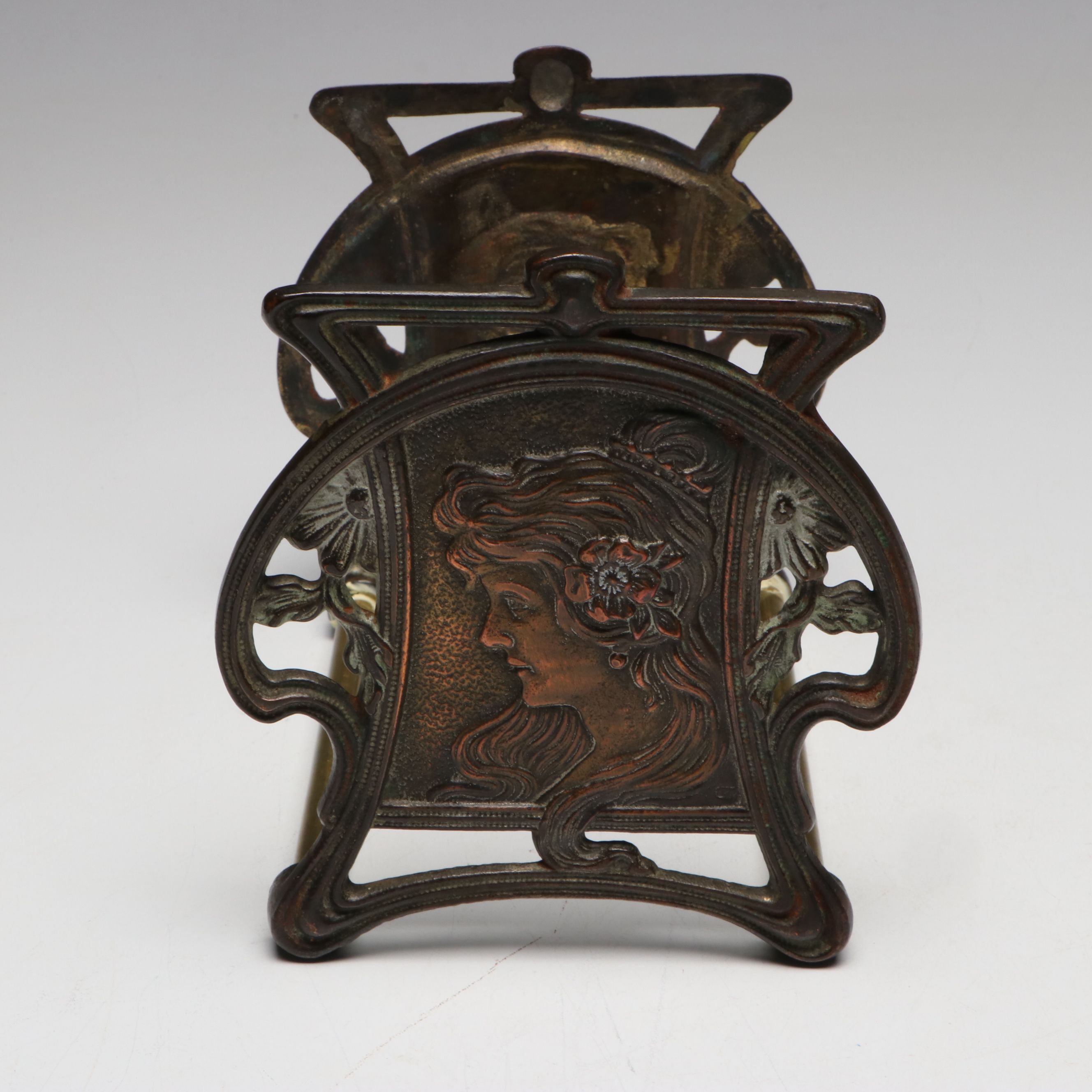 Judd Co Art Nouveau Brass Book Rack with Antique Books and Mineral Specimens