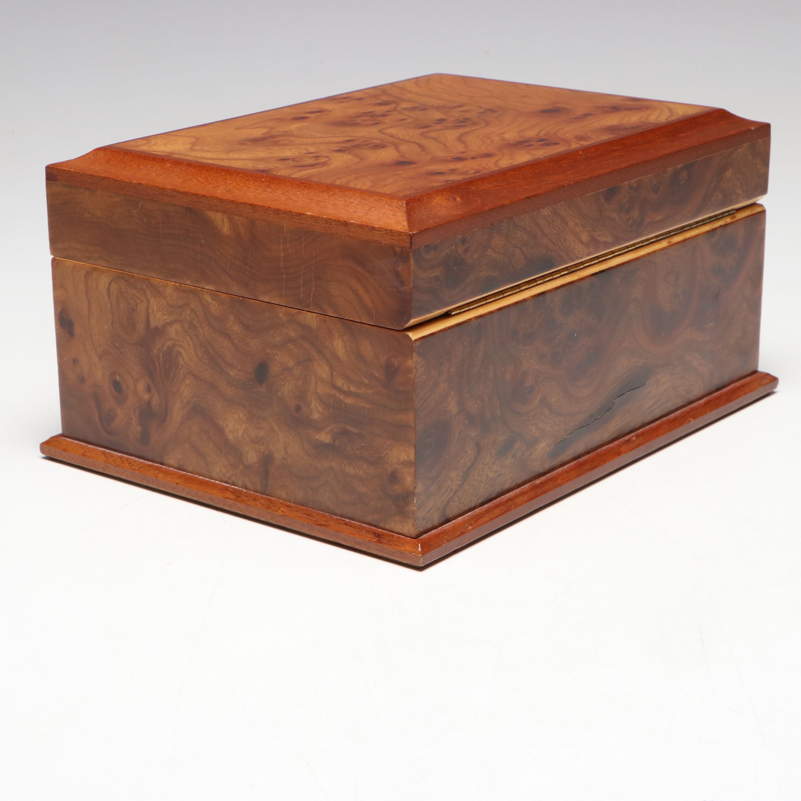 Burl Wood Veneer Jewelry Box with Interior Sectioned Tray