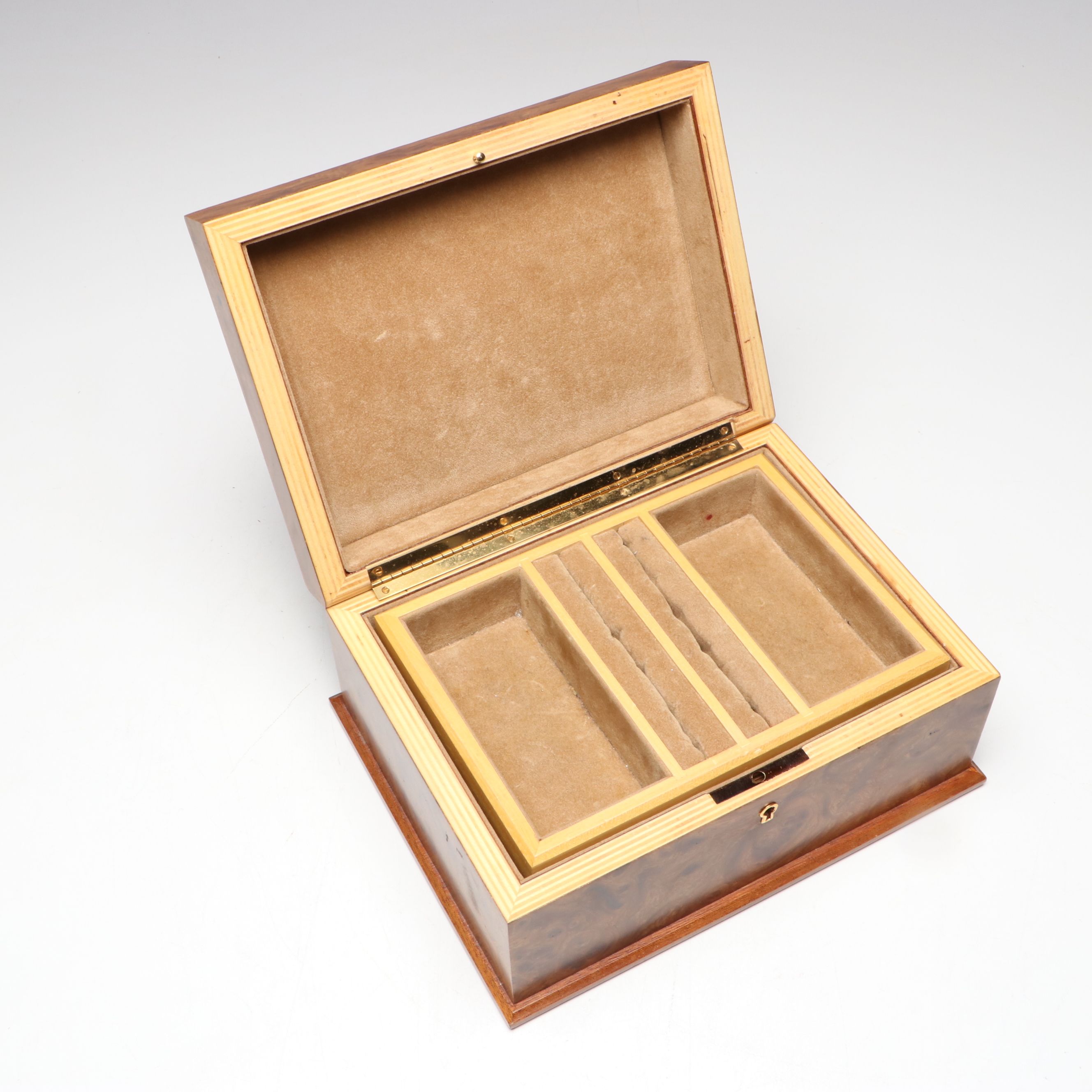 Burl Wood Veneer Jewelry Box with Interior Sectioned Tray