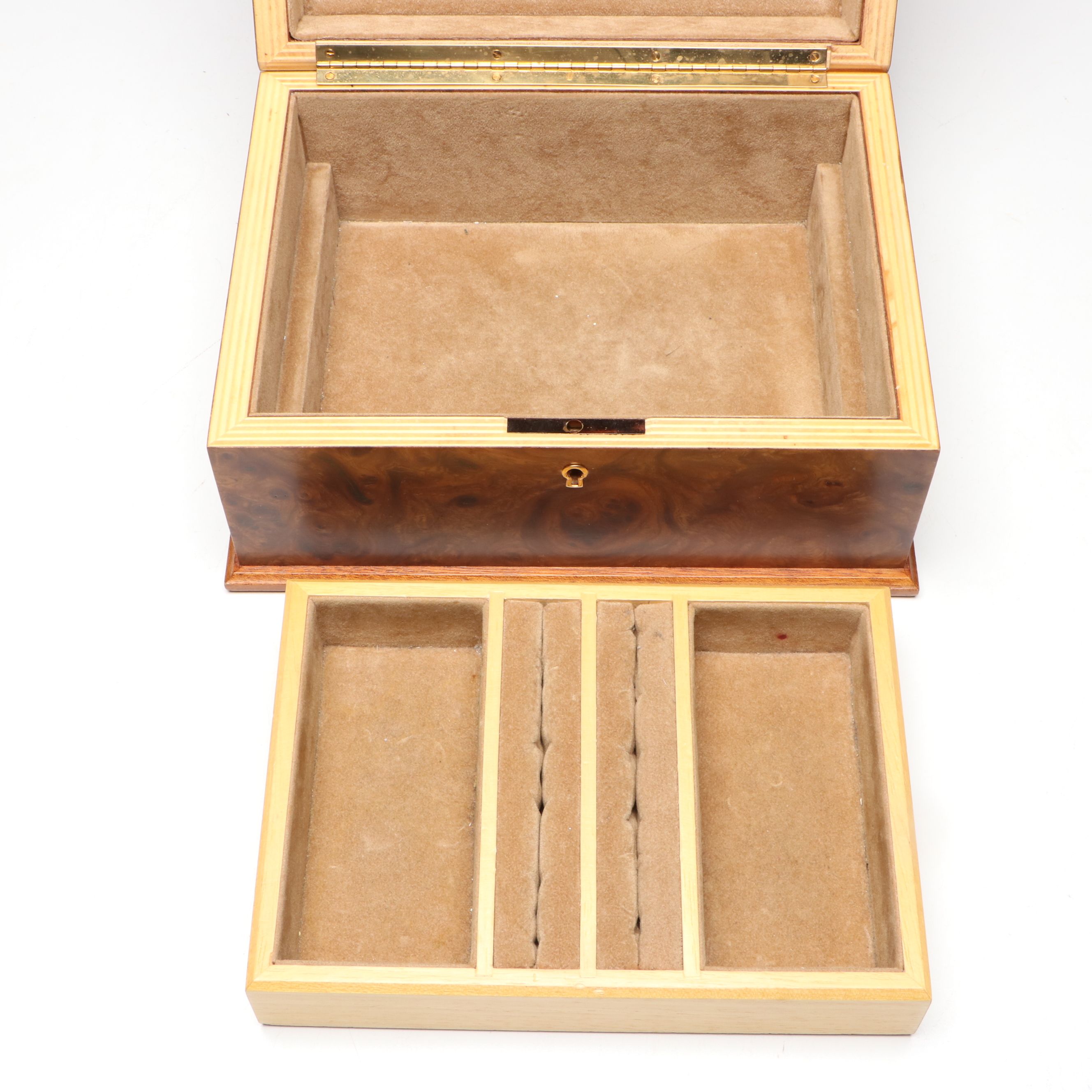 Burl Wood Veneer Jewelry Box with Interior Sectioned Tray