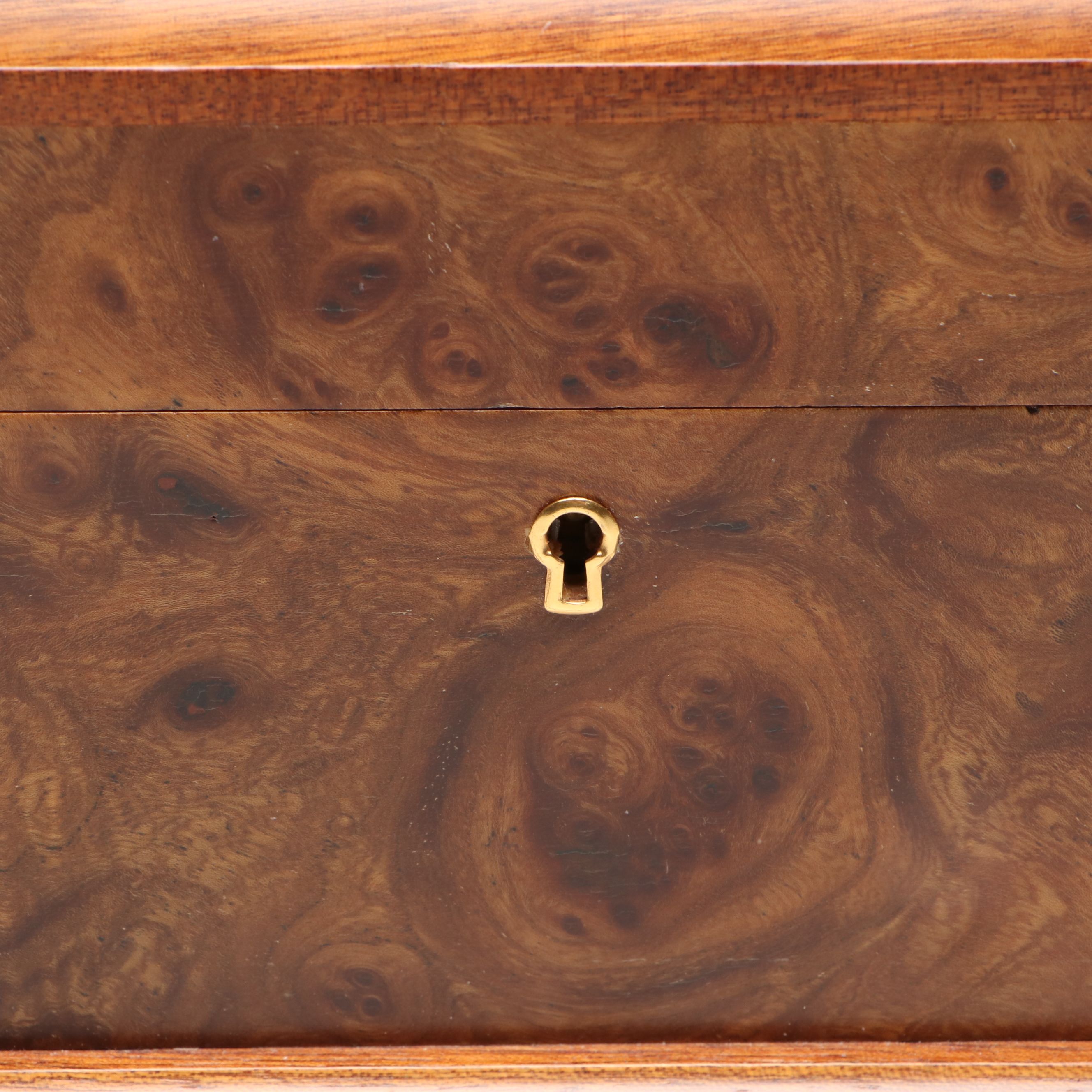 Burl Wood Veneer Jewelry Box with Interior Sectioned Tray