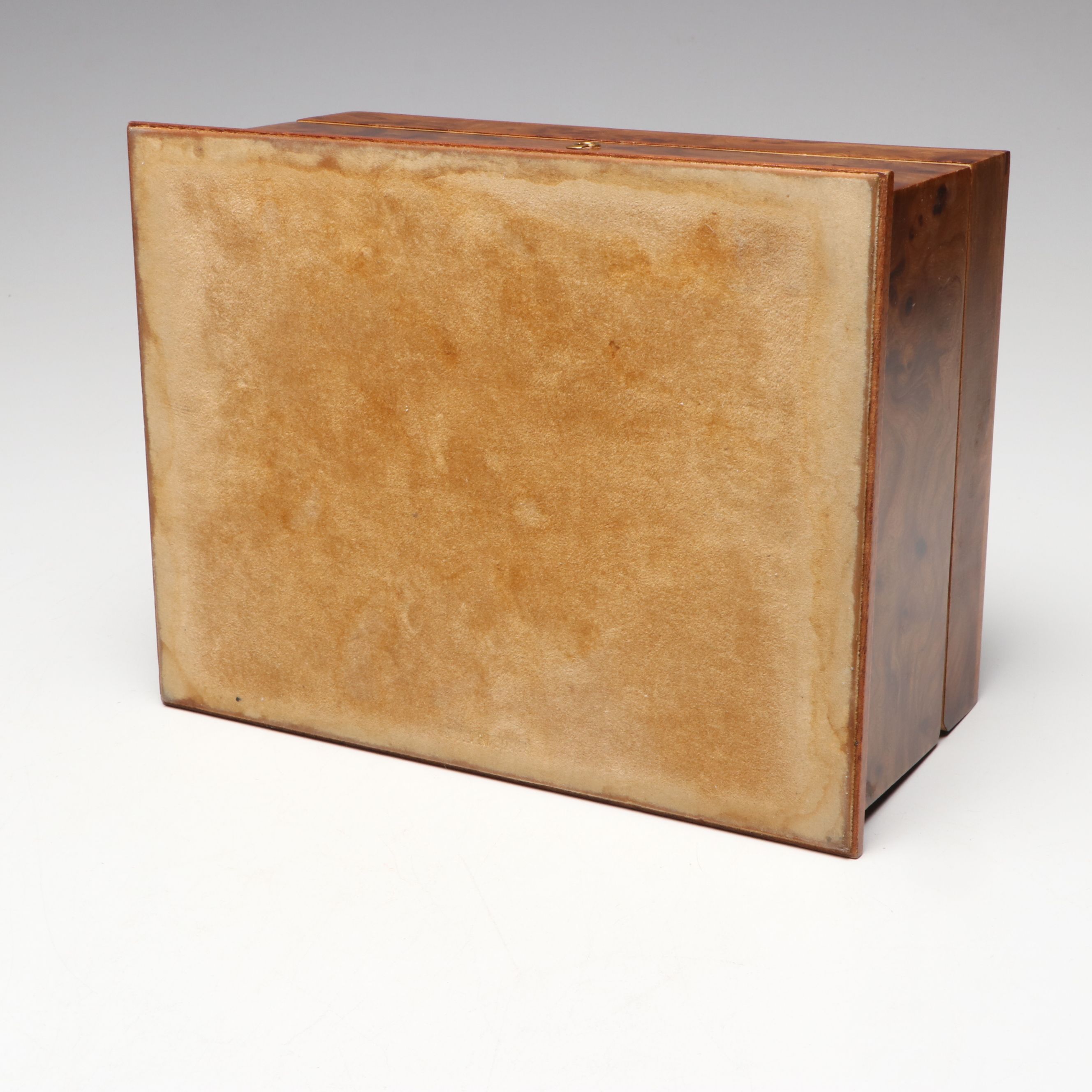 Burl Wood Veneer Jewelry Box with Interior Sectioned Tray