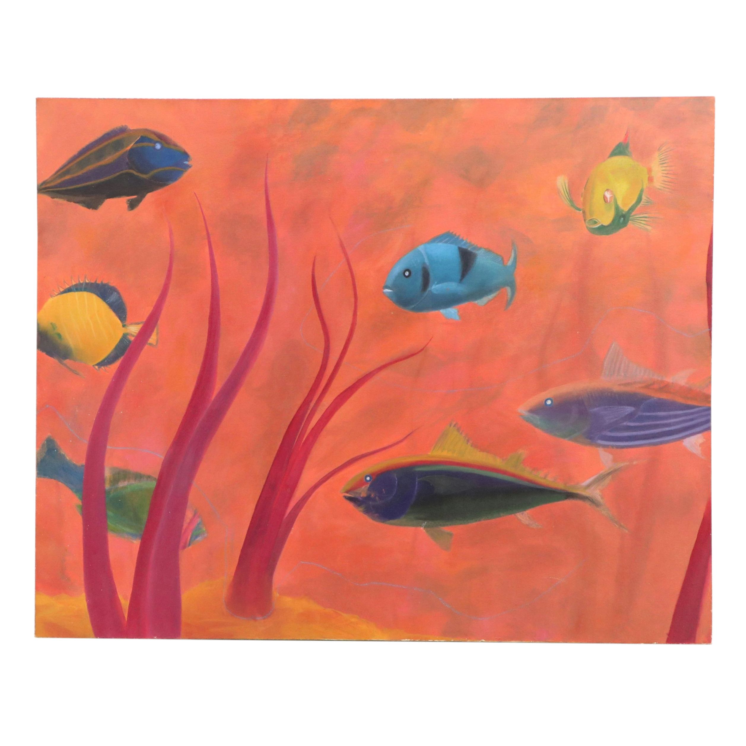 Oil Painting of School of Tropical Fish, Late 20th Century