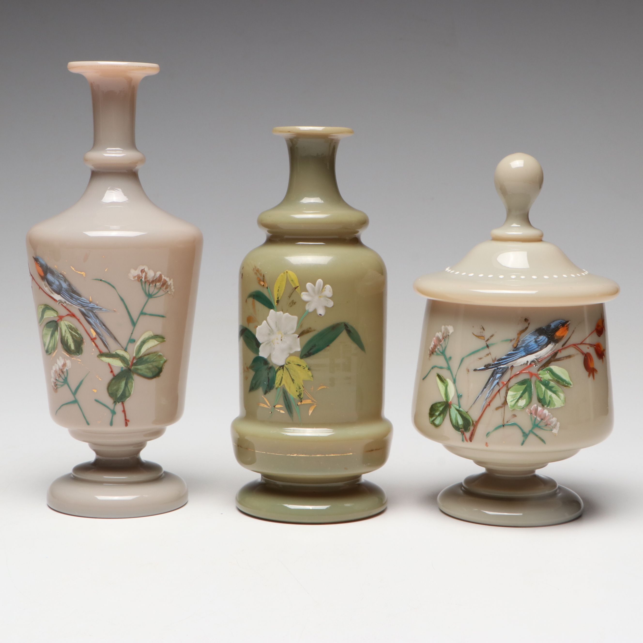 Victorian Hand-Painted Opaline Footed Jar and Vases