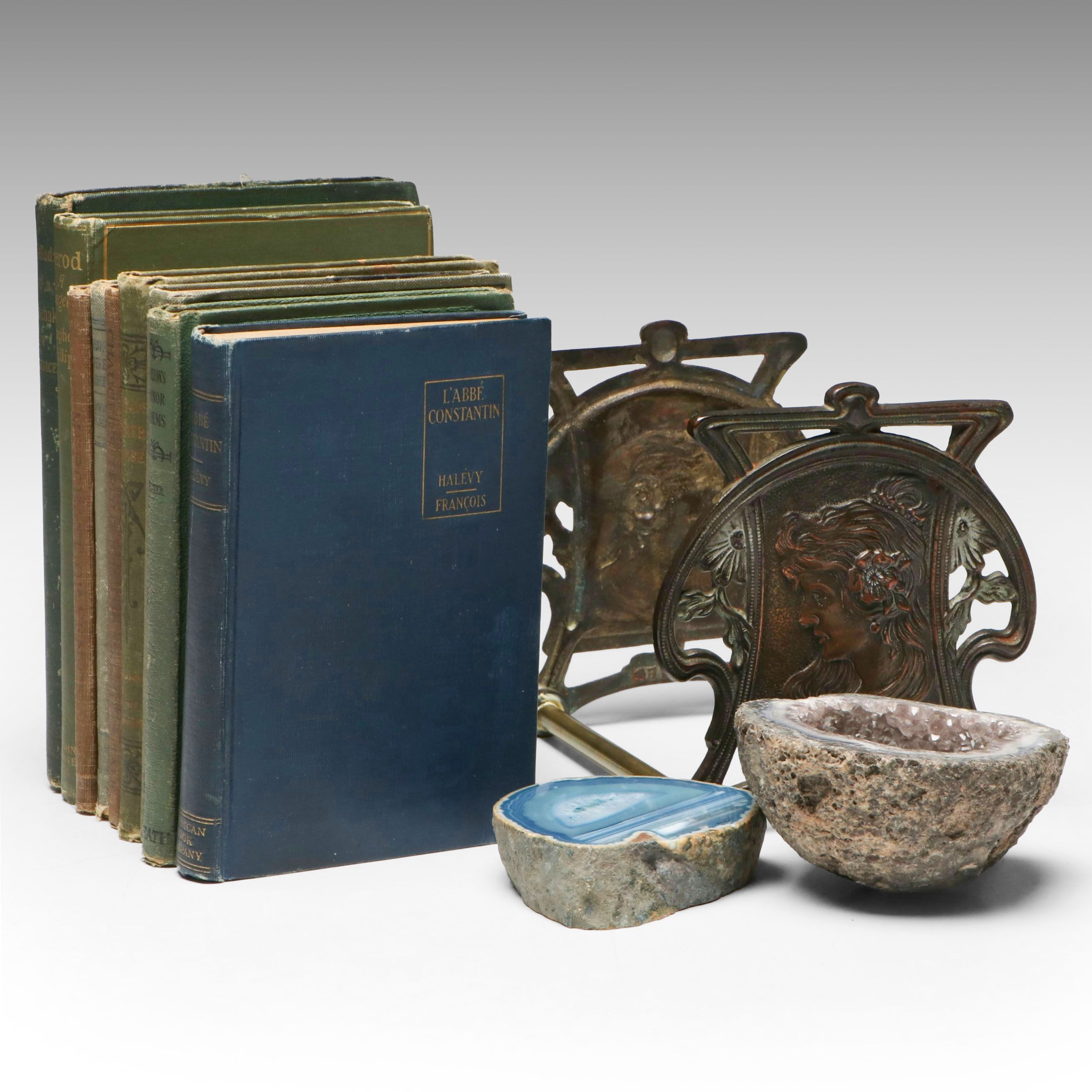 Judd Co Art Nouveau Brass Book Rack with Antique Books and Mineral Specimens