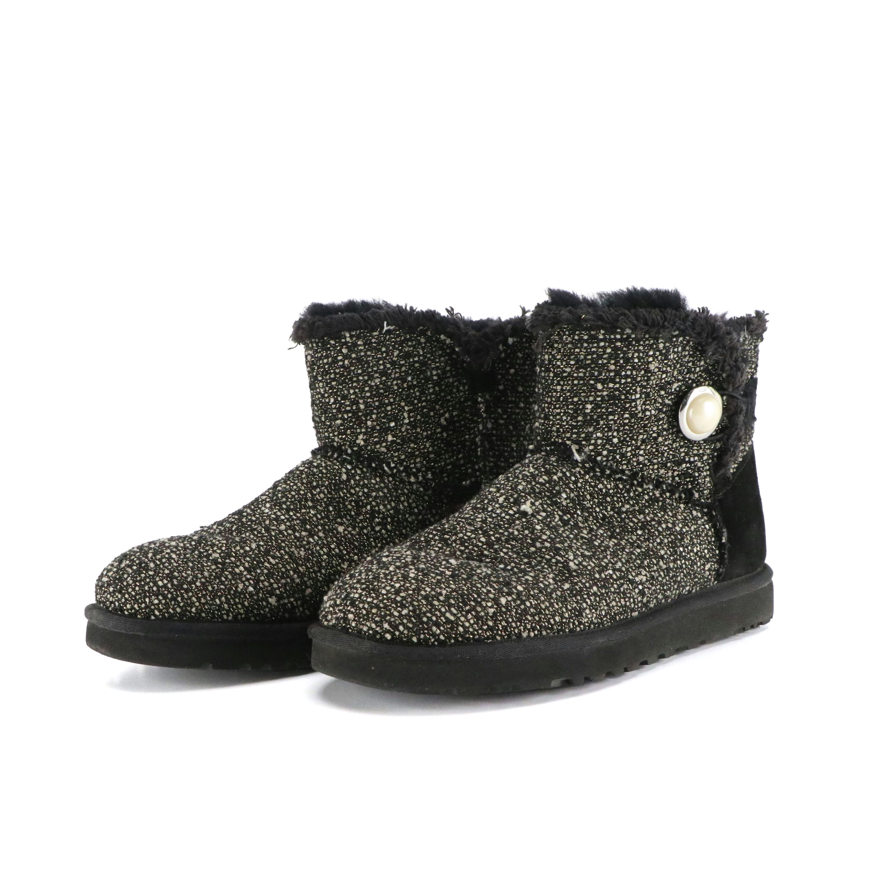 UGG Mini Bailey Button Fancy Boots in Metallic Tweed, With Box