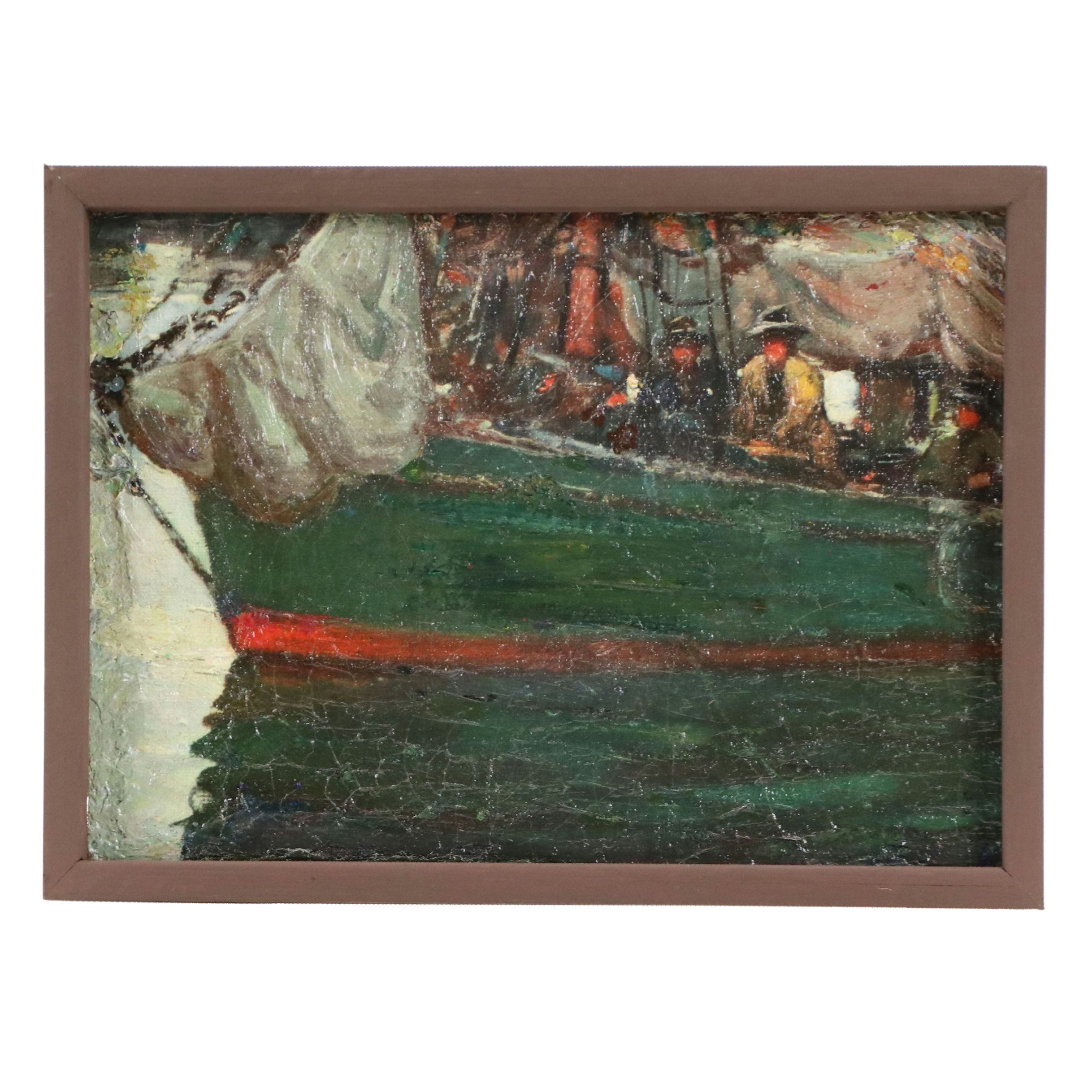 Oil Embellished Print of Crowded Boat, Late 20th Century