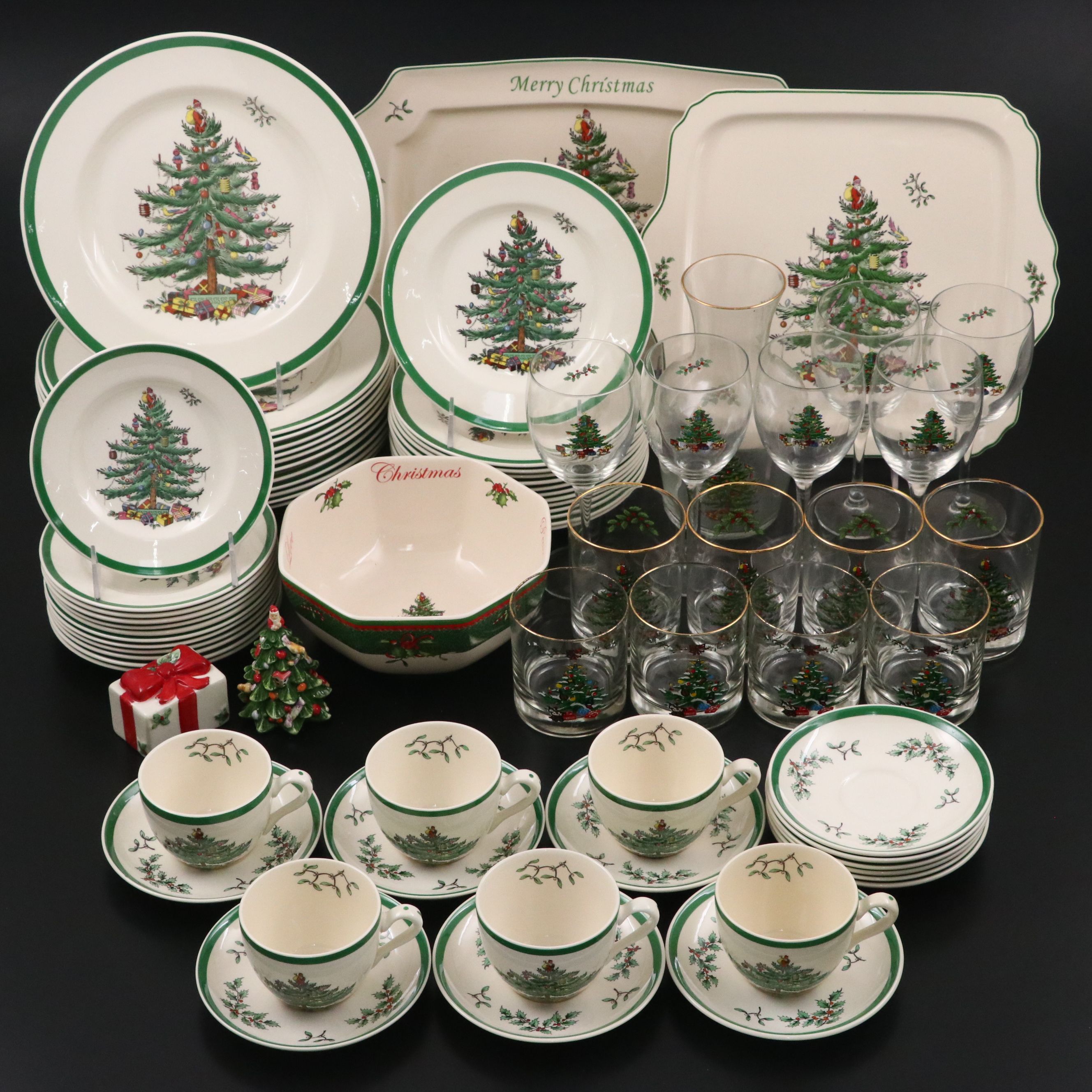 Spode "Christmas Tree" Ceramic Dinnerware with Wine Glasses and Cups