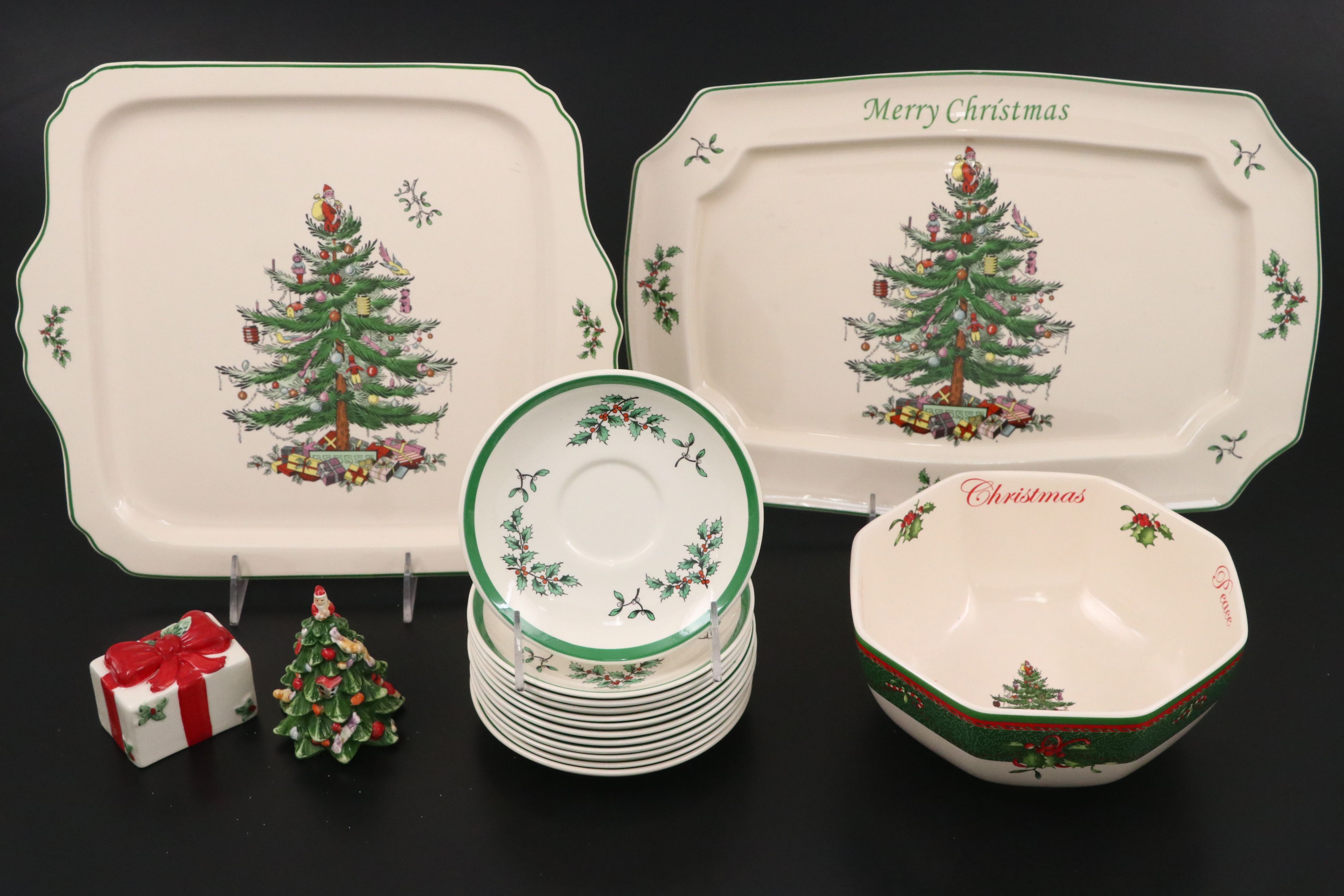 Spode "Christmas Tree" Ceramic Dinnerware with Wine Glasses and Cups