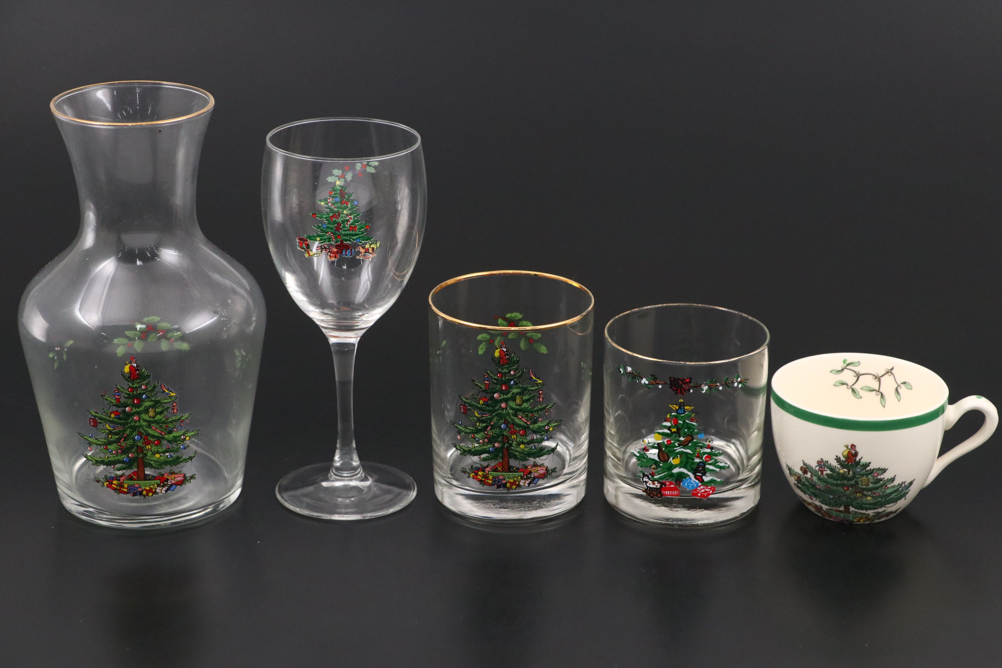 Spode "Christmas Tree" Ceramic Dinnerware with Wine Glasses and Cups