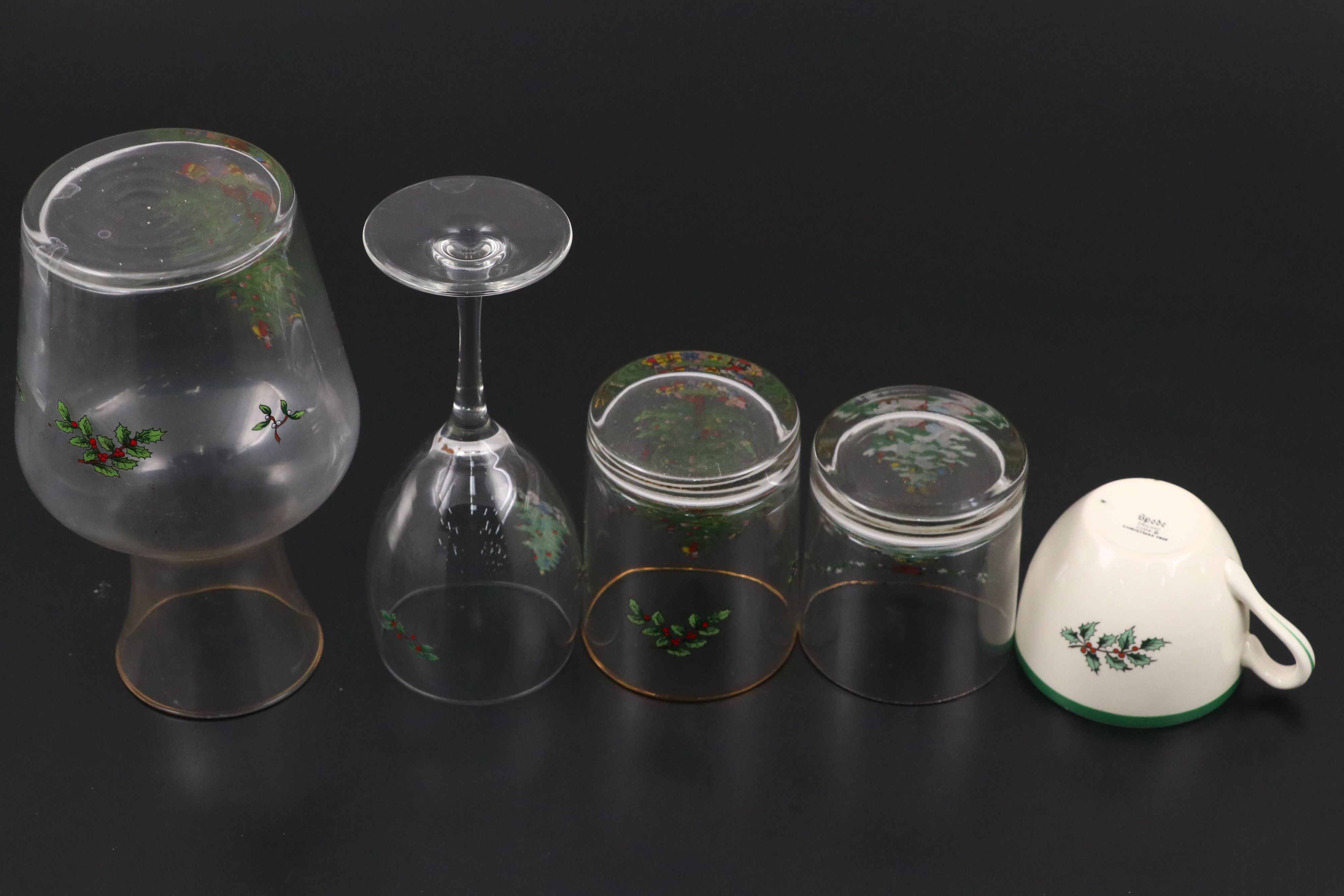 Spode "Christmas Tree" Ceramic Dinnerware with Wine Glasses and Cups