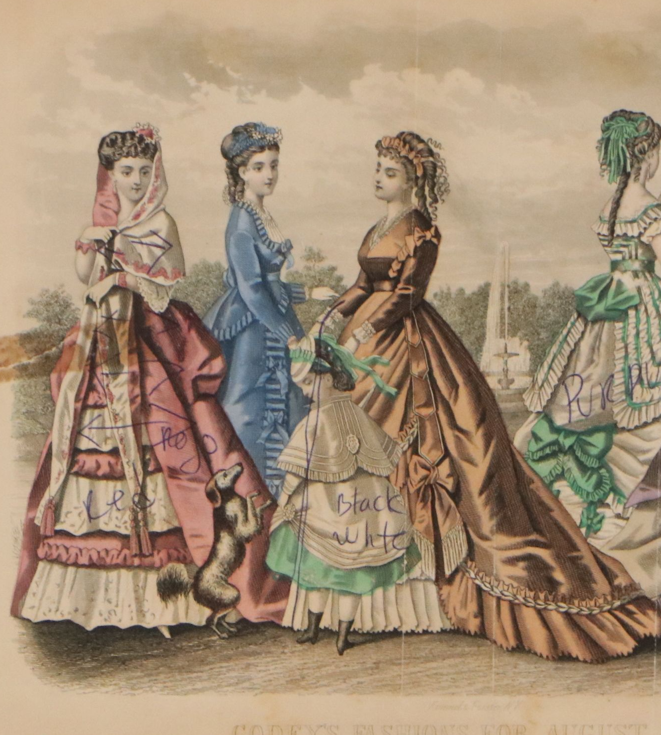 "Godey's Fashions" Hand-Colored Engraving Fragment, 19th Century