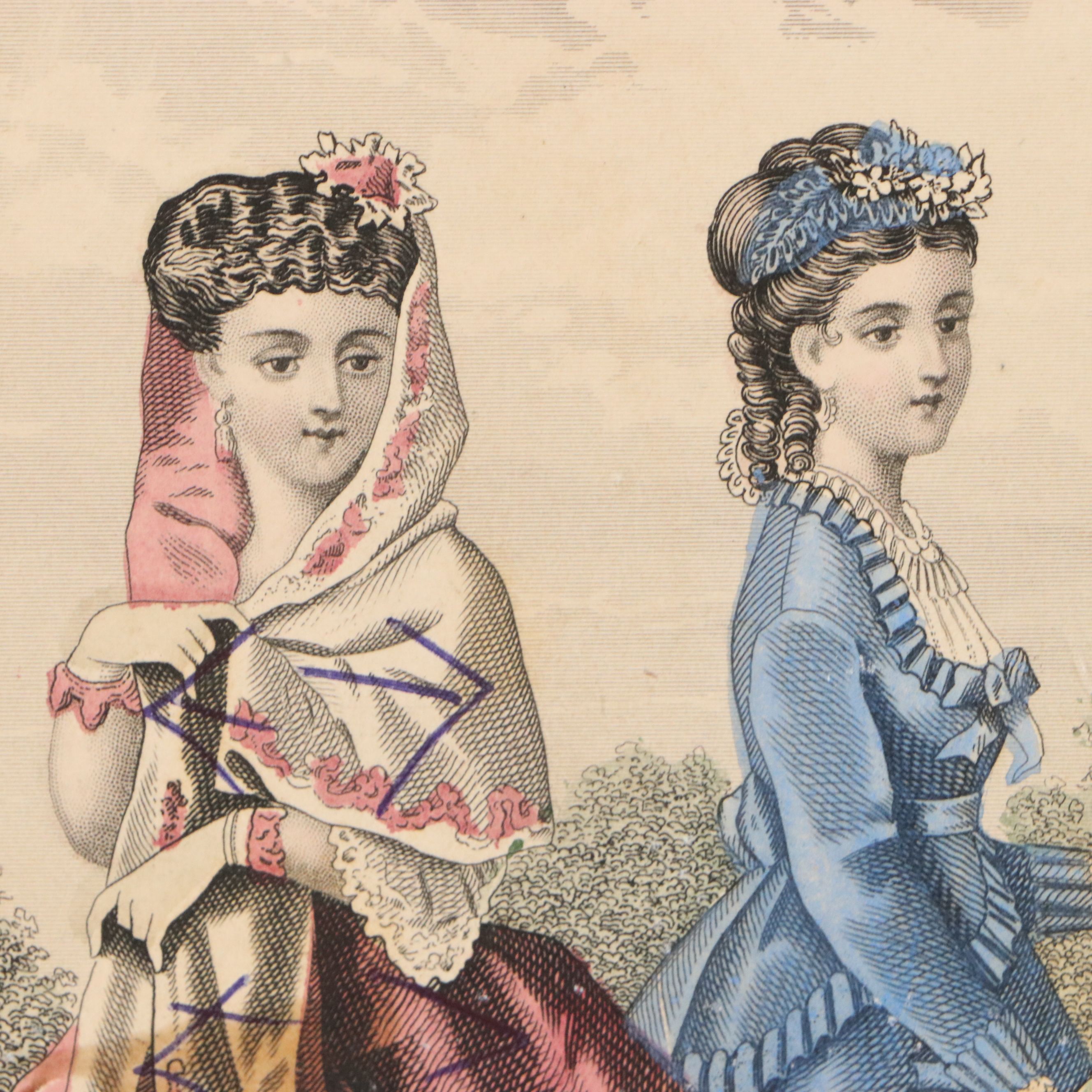 "Godey's Fashions" Hand-Colored Engraving Fragment, 19th Century