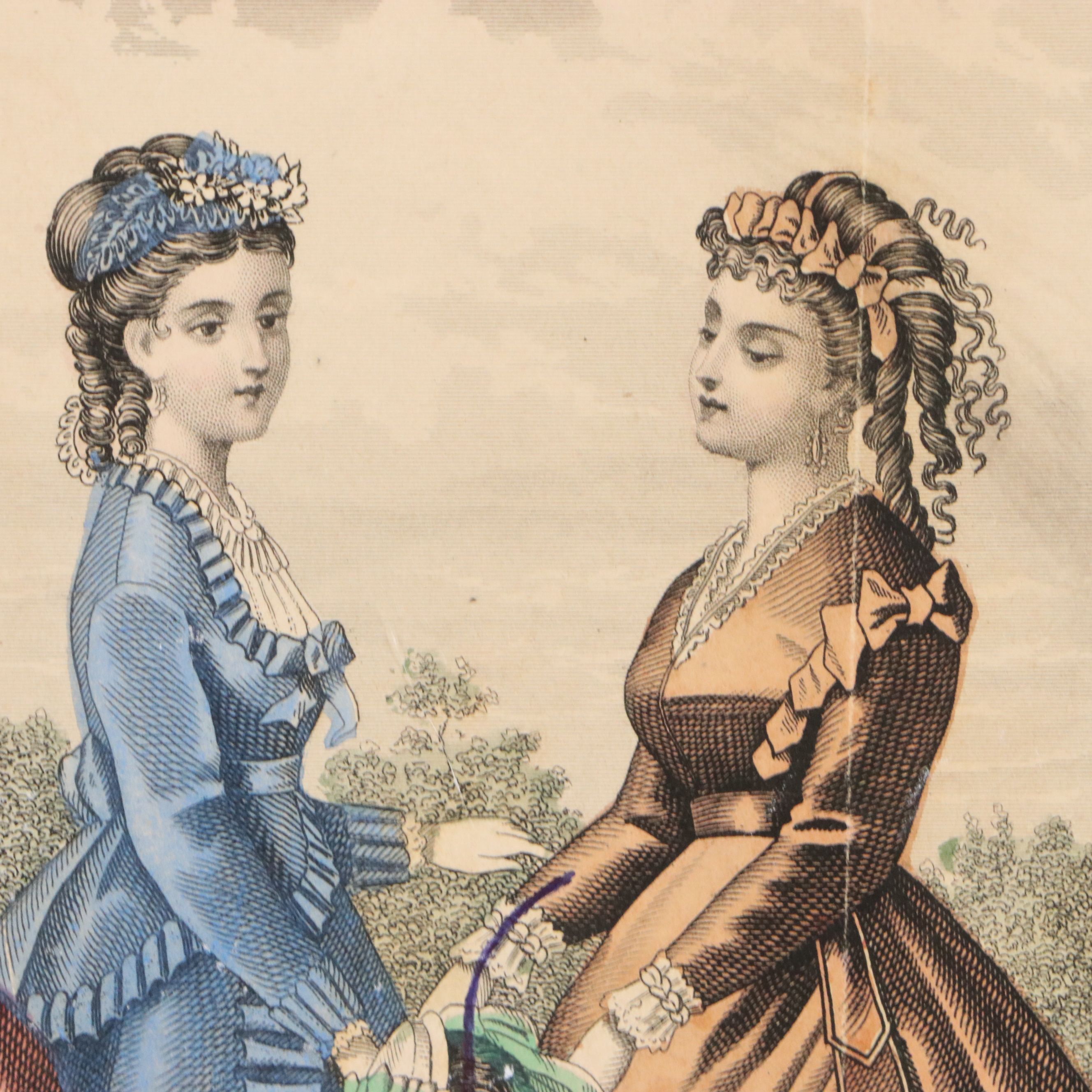 "Godey's Fashions" Hand-Colored Engraving Fragment, 19th Century