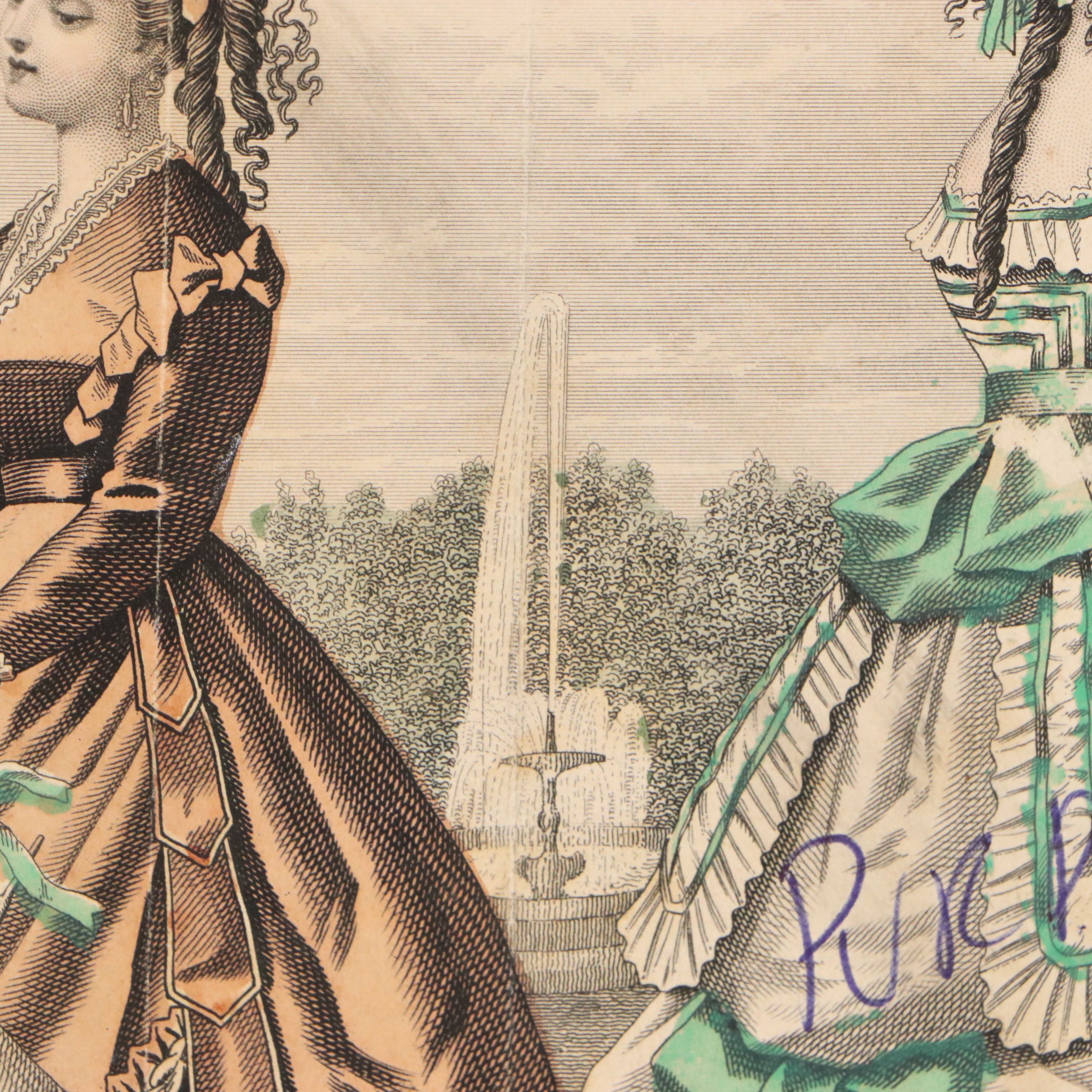 "Godey's Fashions" Hand-Colored Engraving Fragment, 19th Century