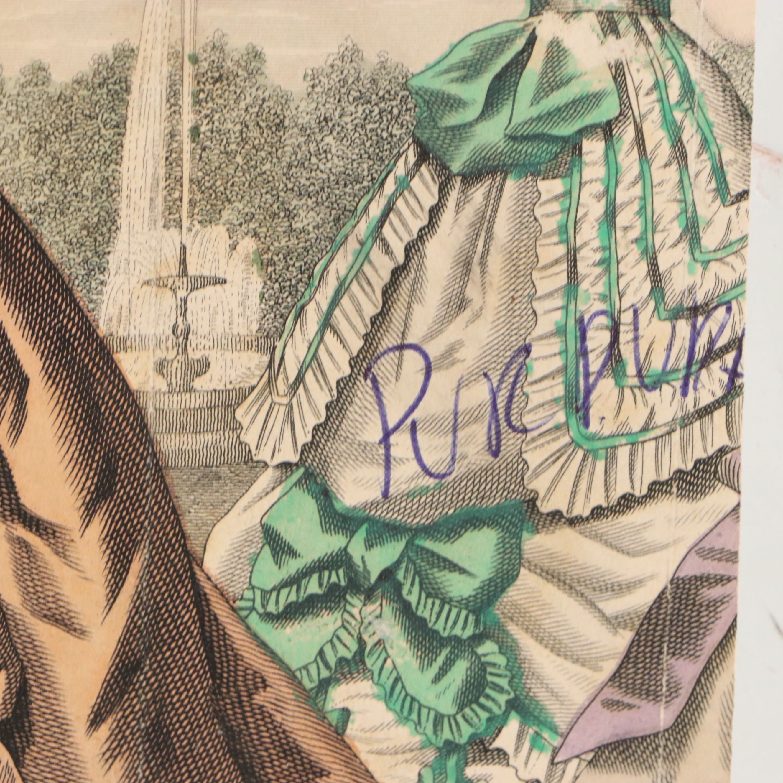 "Godey's Fashions" Hand-Colored Engraving Fragment, 19th Century