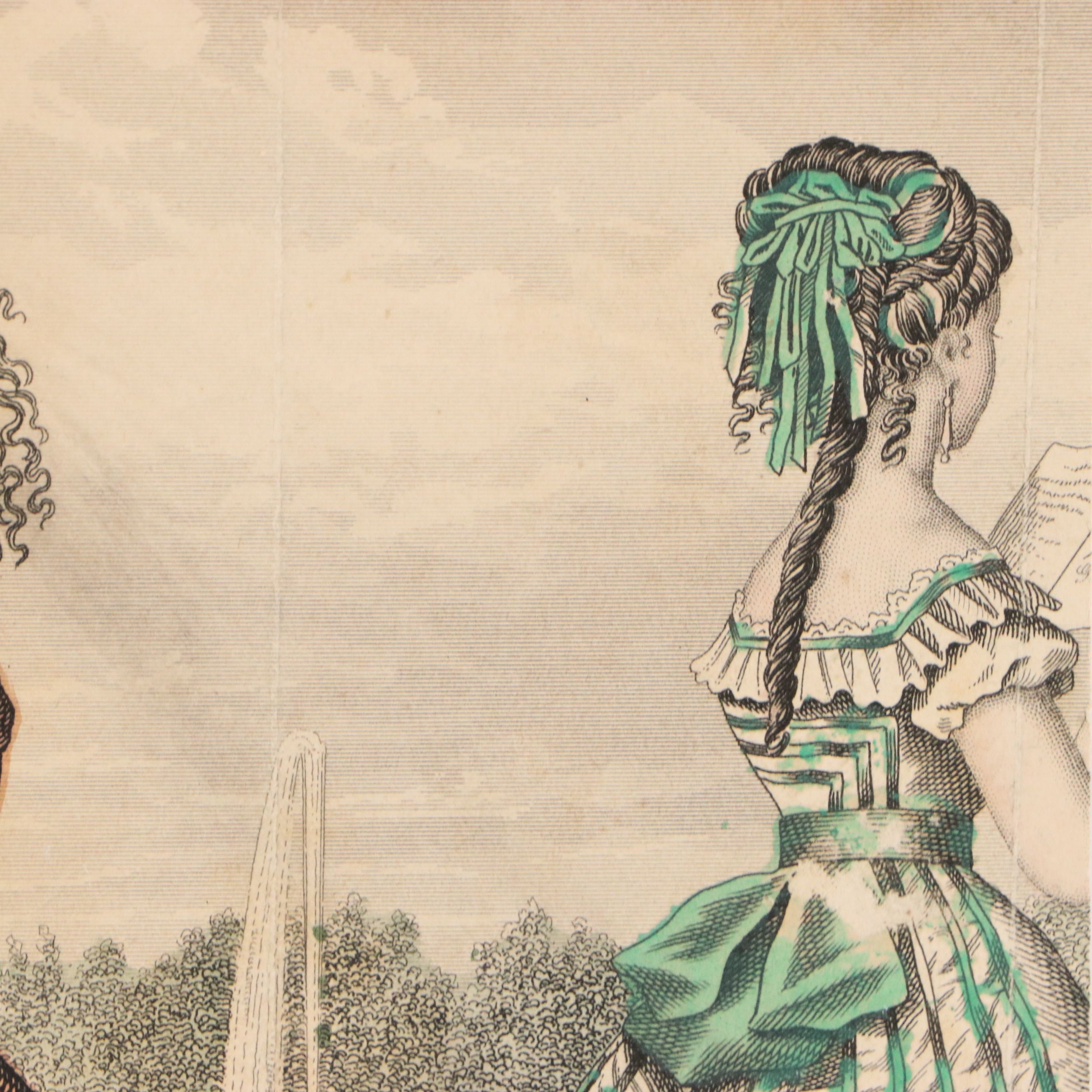 "Godey's Fashions" Hand-Colored Engraving Fragment, 19th Century