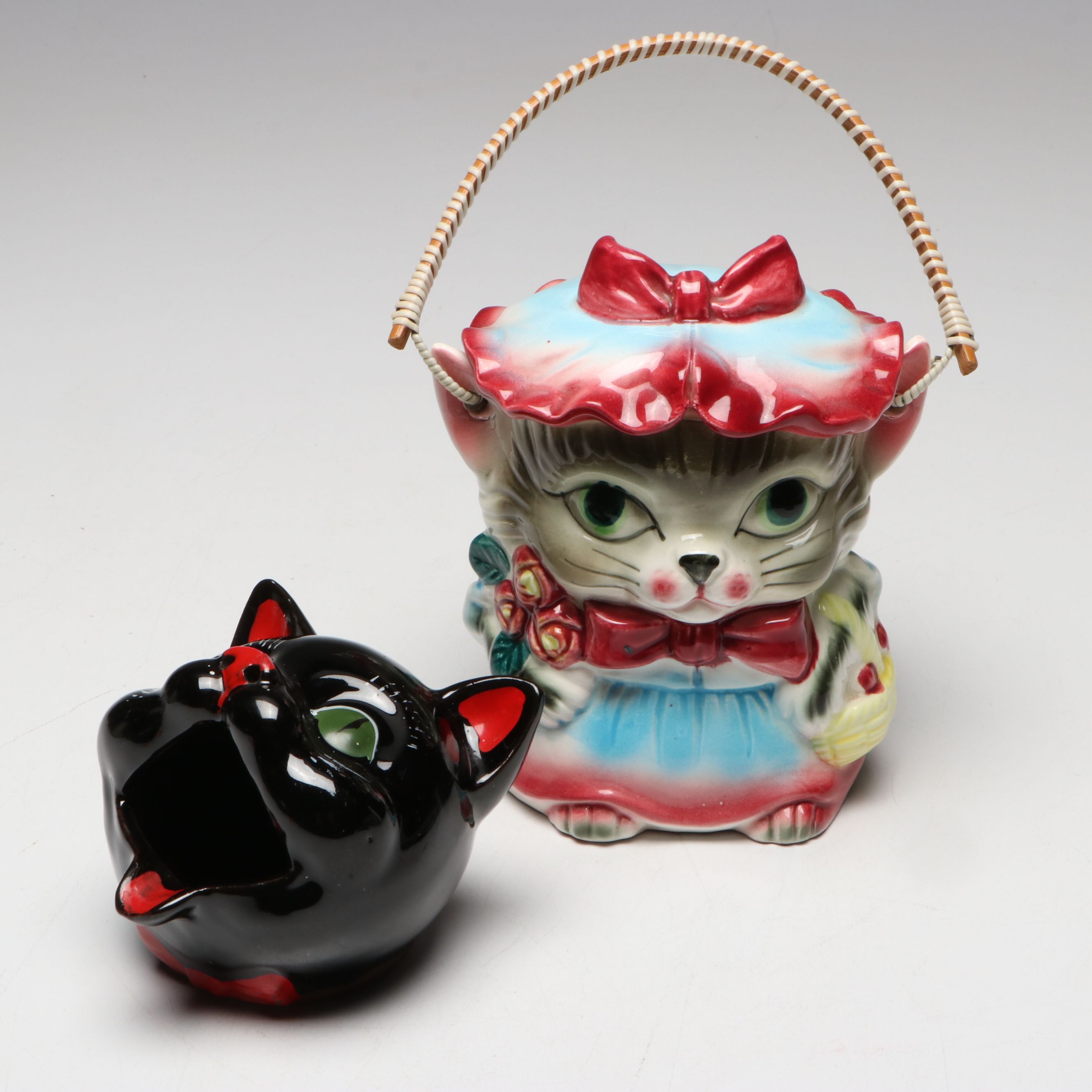 Black Cat Head Ashtray with Kitty Cookie Jar, Mid-20th Century