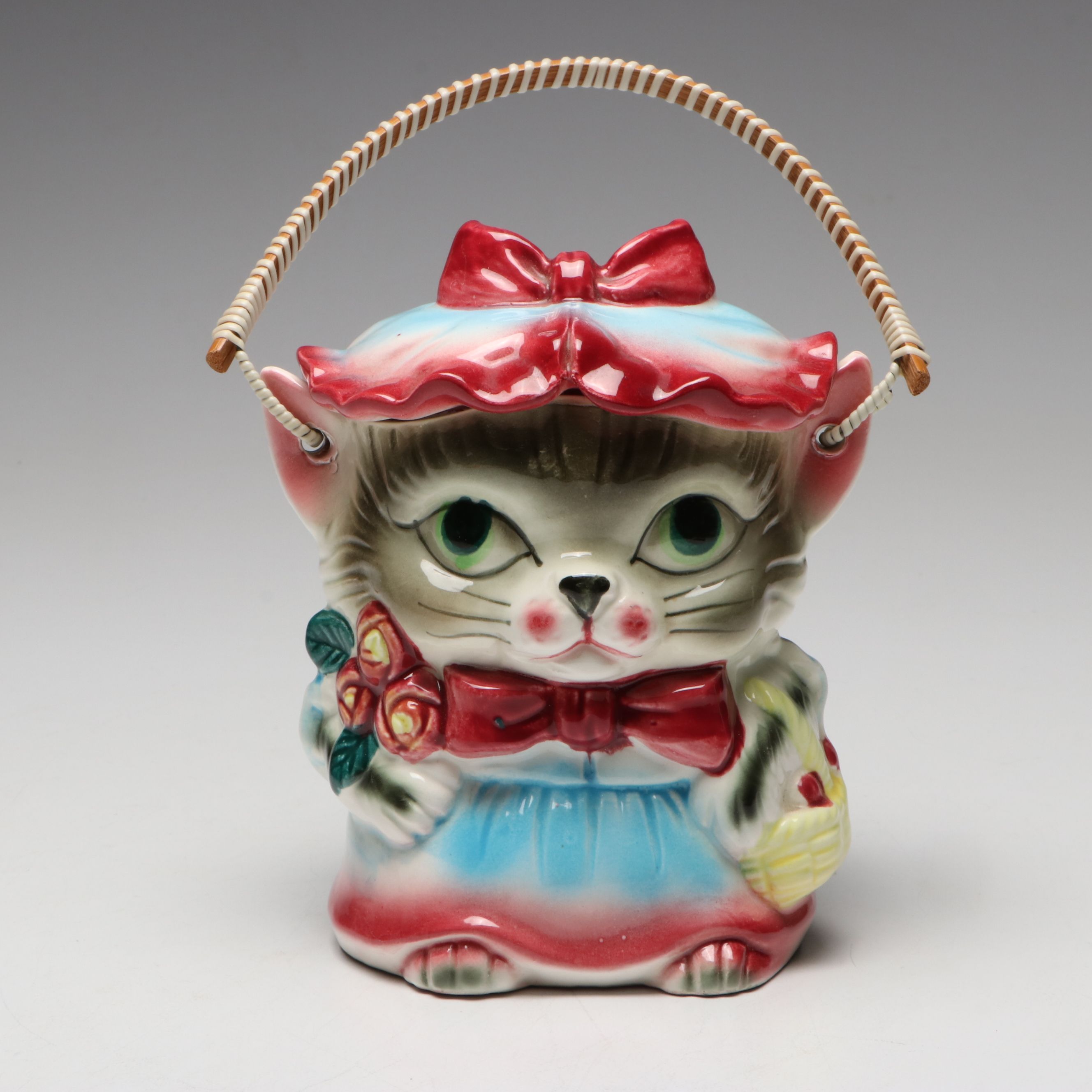 Black Cat Head Ashtray with Kitty Cookie Jar, Mid-20th Century