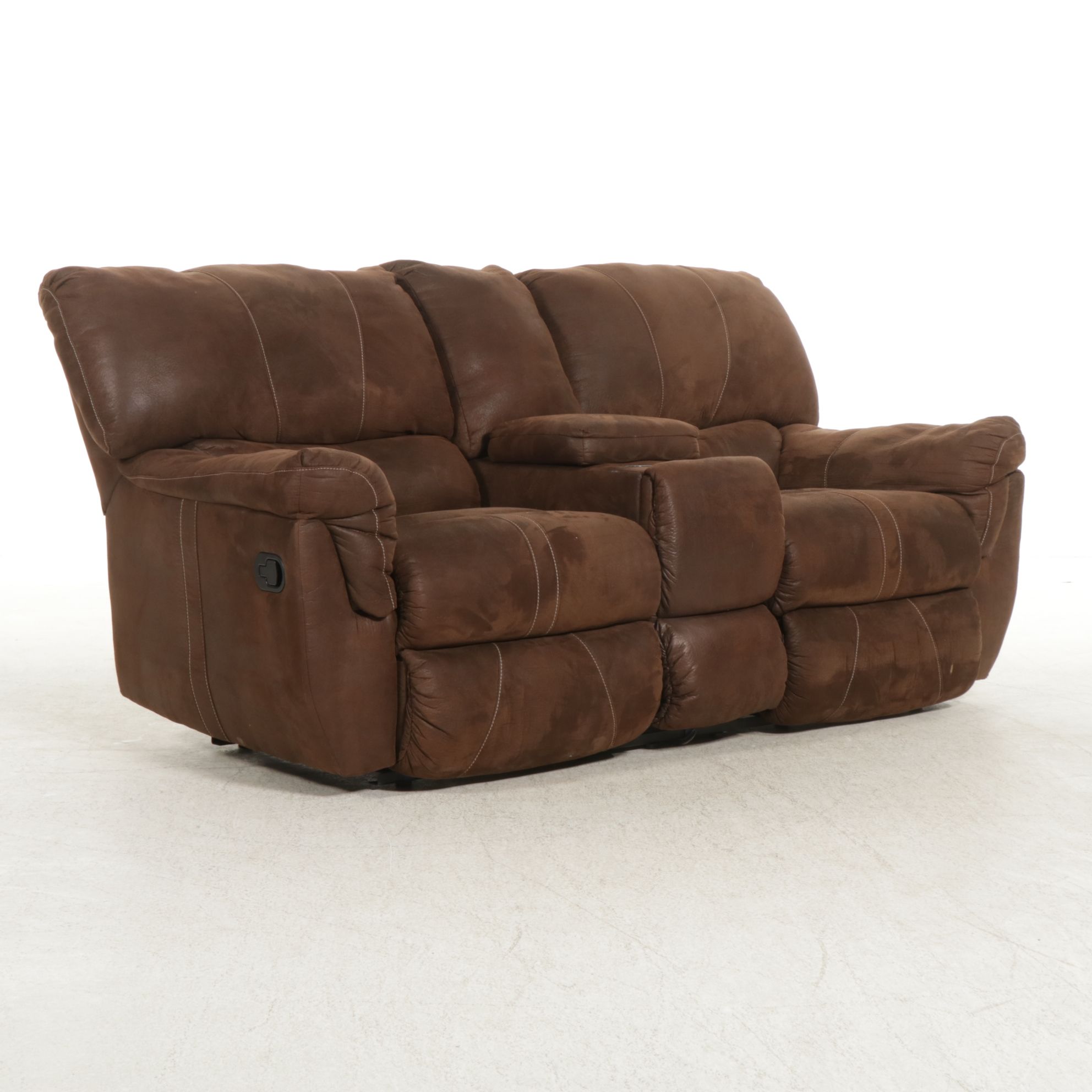 Mocha Suede Leather Dual-Reclining Loveseat with Cup Holders and Storage Console