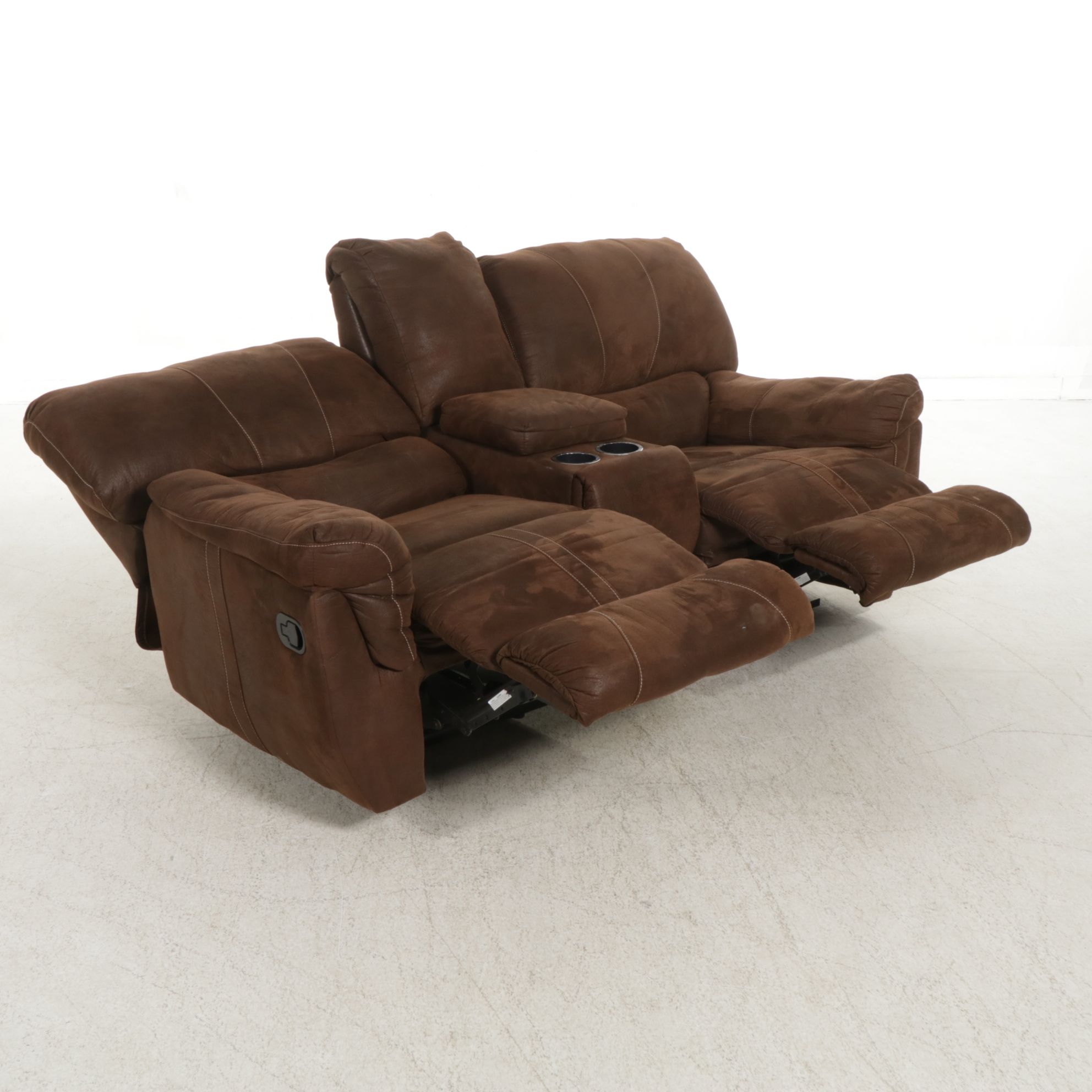 Mocha Suede Leather Dual-Reclining Loveseat with Cup Holders and Storage Console