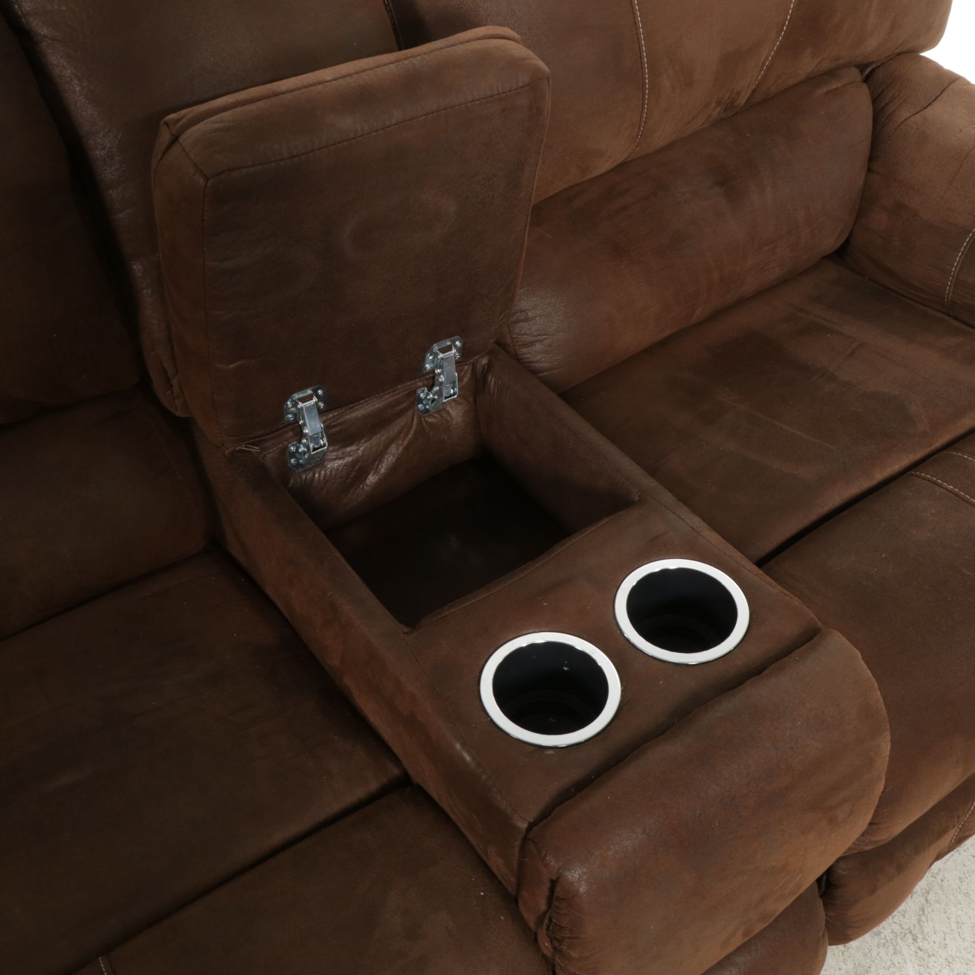 Mocha Suede Leather Dual-Reclining Loveseat with Cup Holders and Storage Console