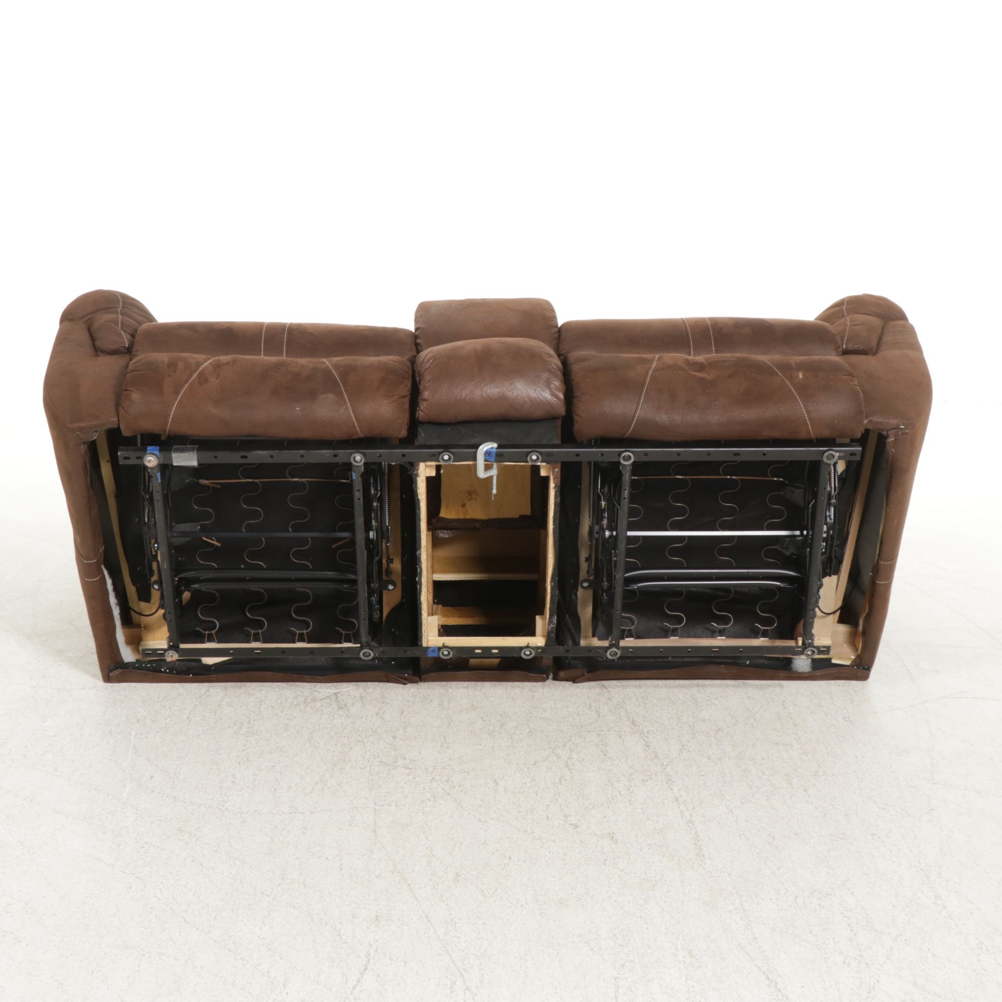 Mocha Suede Leather Dual-Reclining Loveseat with Cup Holders and Storage Console