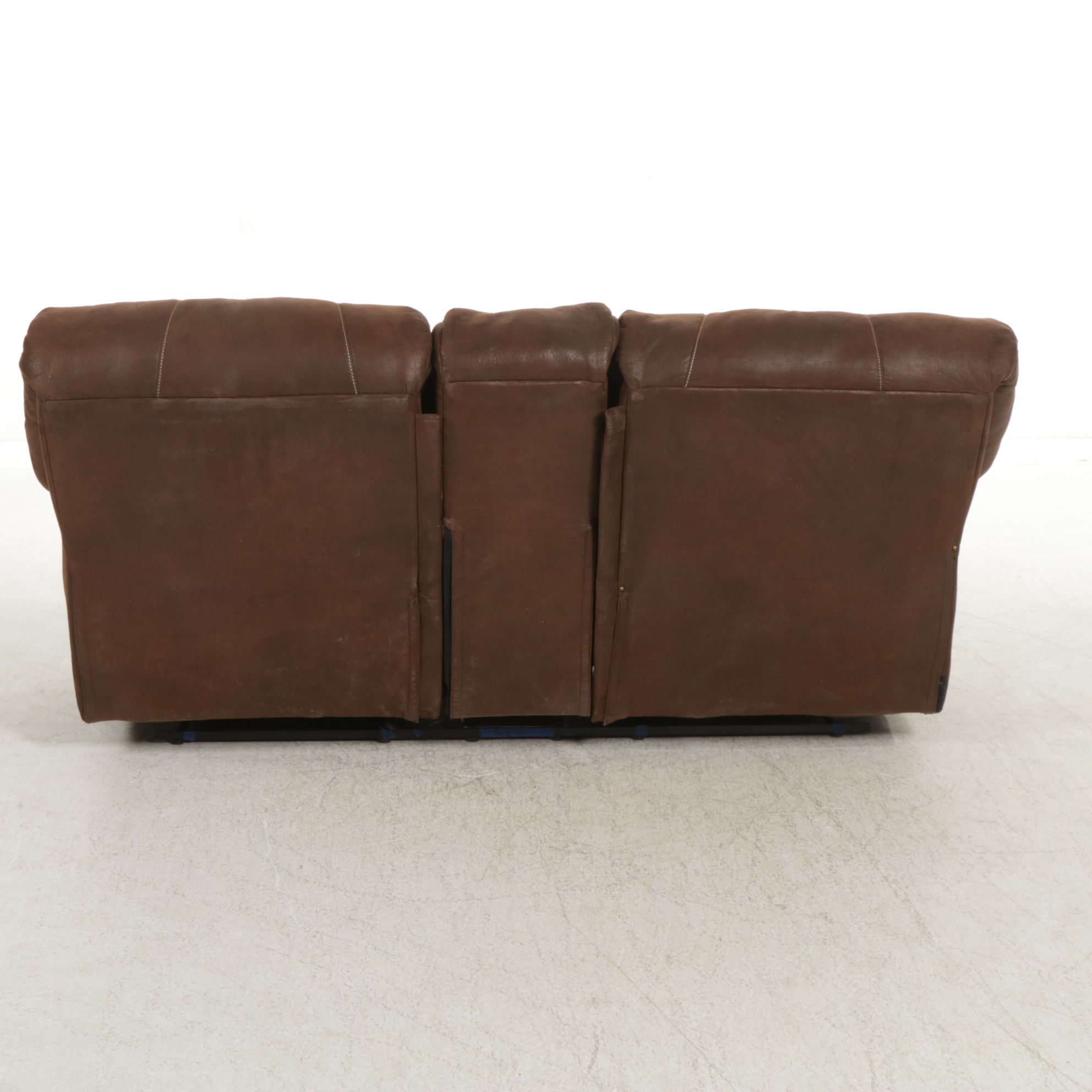 Mocha Suede Leather Dual-Reclining Loveseat with Cup Holders and Storage Console