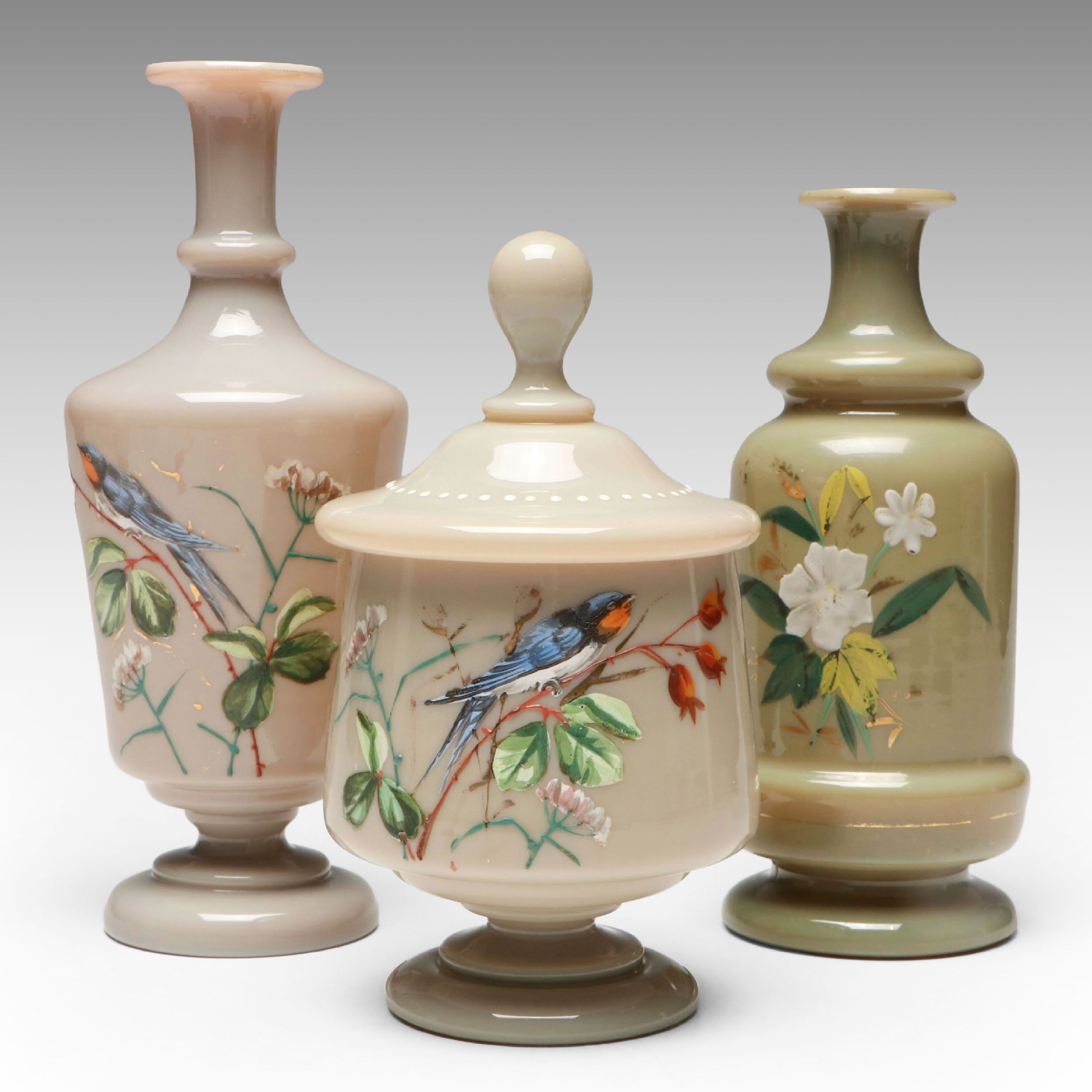 Victorian Hand-Painted Opaline Footed Jar and Vases