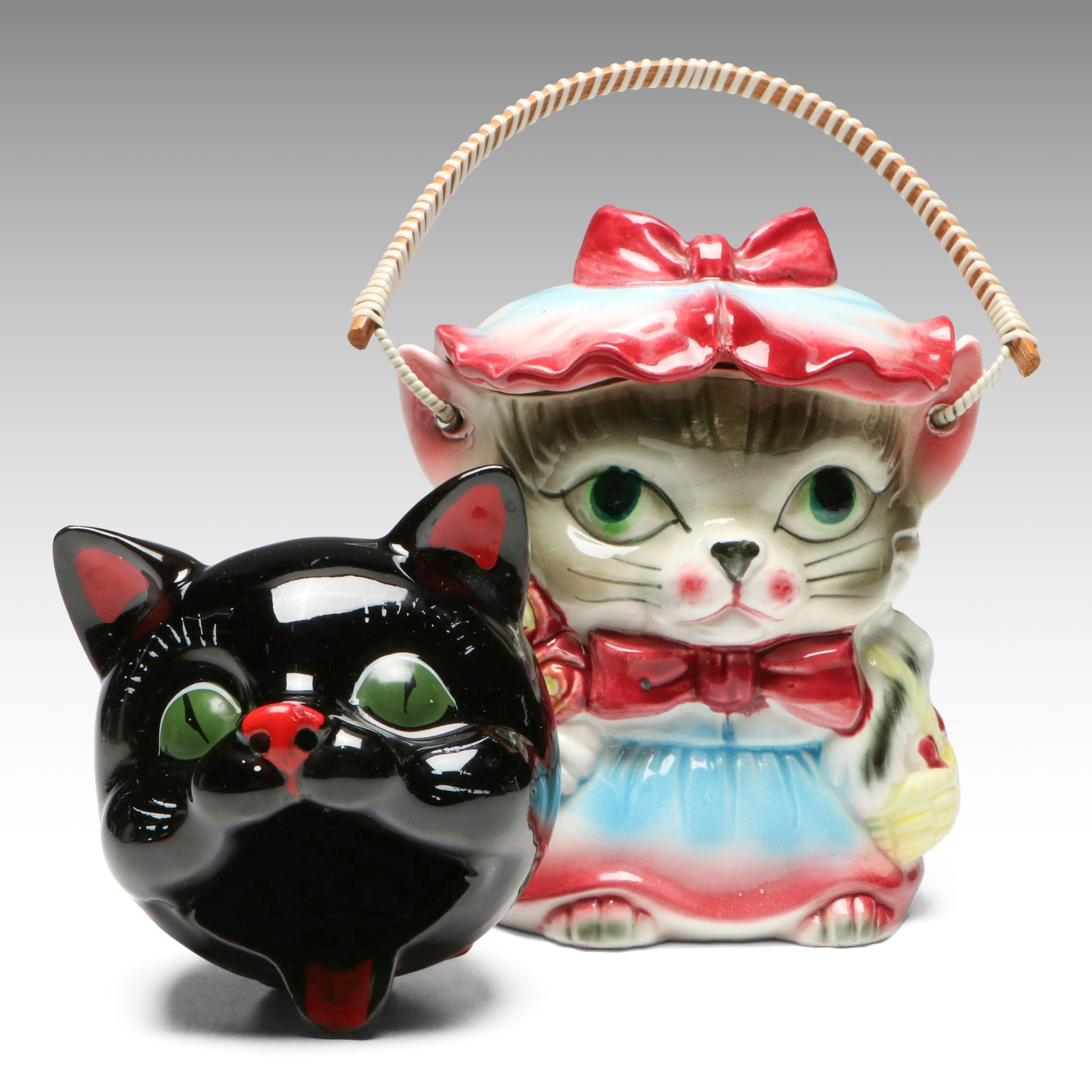 Black Cat Head Ashtray with Kitty Cookie Jar, Mid-20th Century