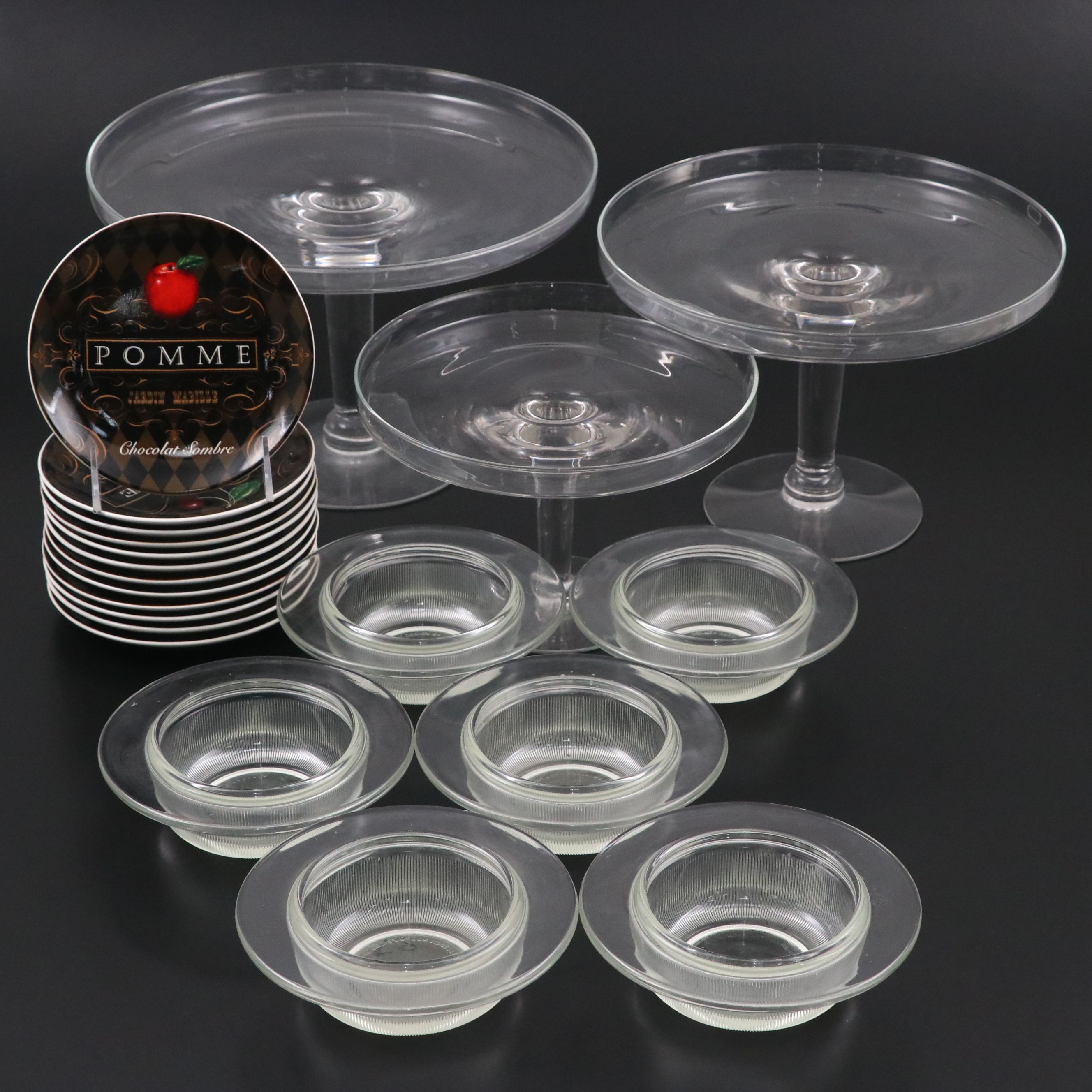 Oneida "French Chocolate" Stoneware Canape Plates with Glass Bowls and Stands