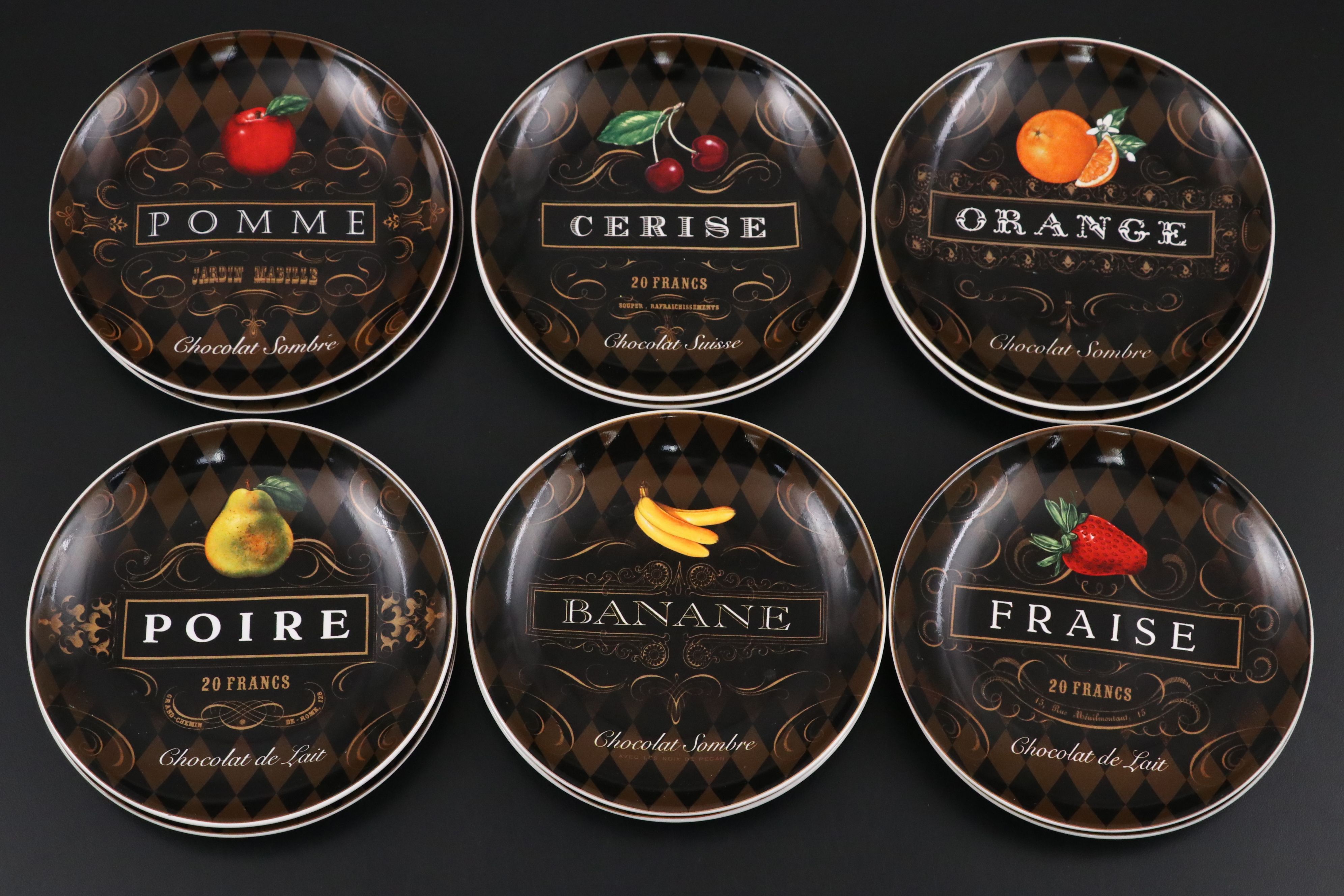 Oneida "French Chocolate" Stoneware Canape Plates with Glass Bowls and Stands