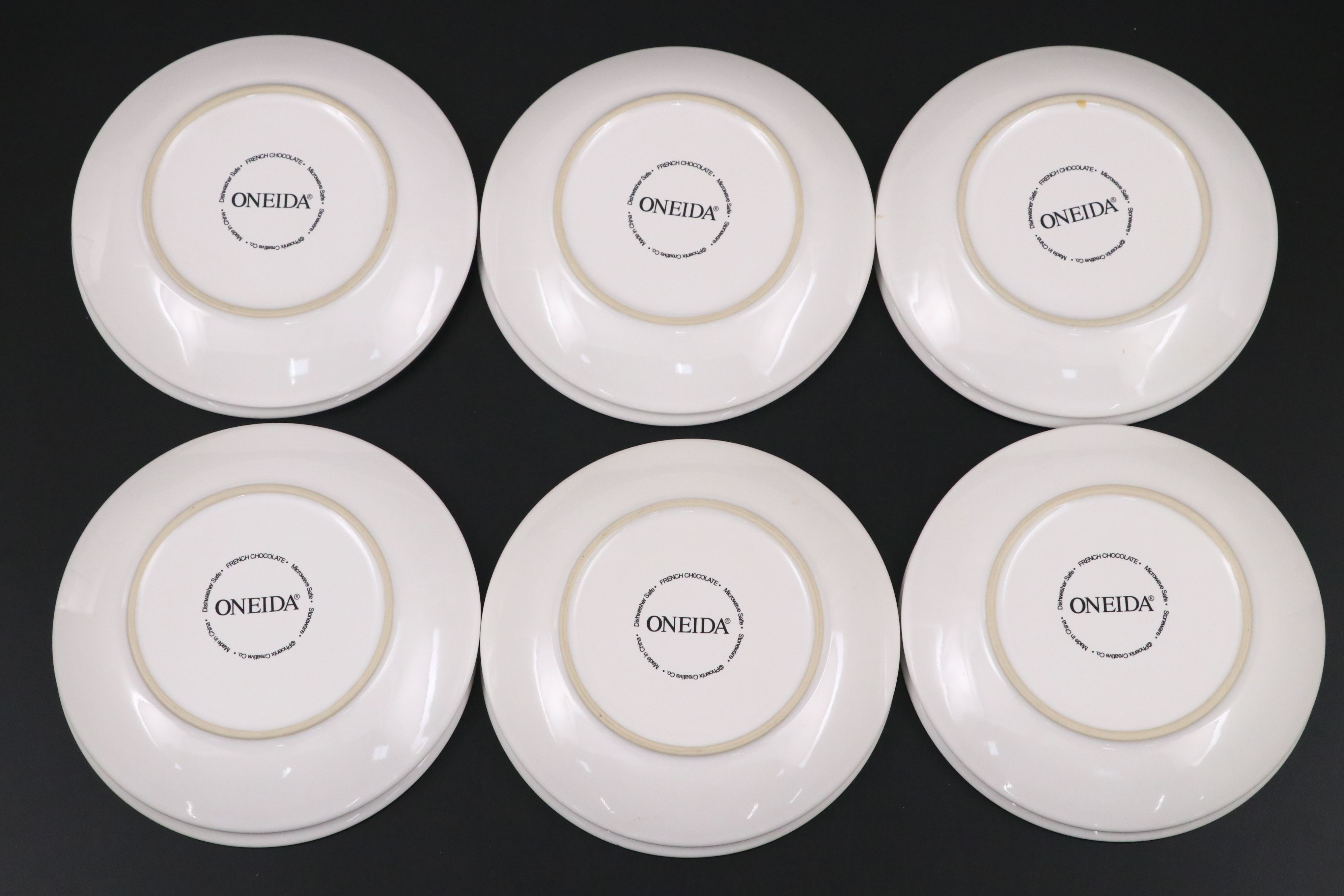 Oneida "French Chocolate" Stoneware Canape Plates with Glass Bowls and Stands